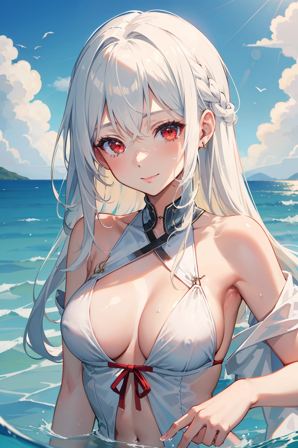 ​masterpiece、top-quality、1girl in。(swim wears:1.2), white  hair,Red Eyes,(mare:0.8), (Evening glow:0.7),(middlebreasts:1.4), (A smile:0.8)