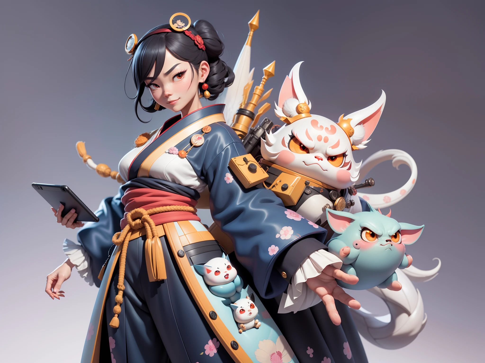 (Daisaku),(Need),(Super meticulous),(full bodyesbian:1.2),Japanese ukiyo-e girl,japanese geisha,Beautiful,Oriental dragon,Aeolian Thor,Raised sexy,爆乳,Oriental face,TV Anchor,Bust portrait illustration,Alone,In black suit,a blue tie,The face is slightly chubby,The face was clean,without a beard,Black super short hair,Black eyes,Smile confidently,3C computer sub-products,iPad, iphone,Digital painting,3D character design by Mark Clairen and Pixar and Hayao Miyazaki and Akira Toriyama,The illustration is a high-definition illustration in 4K resolution,With very detailed facial features and cartoon-style visuals。