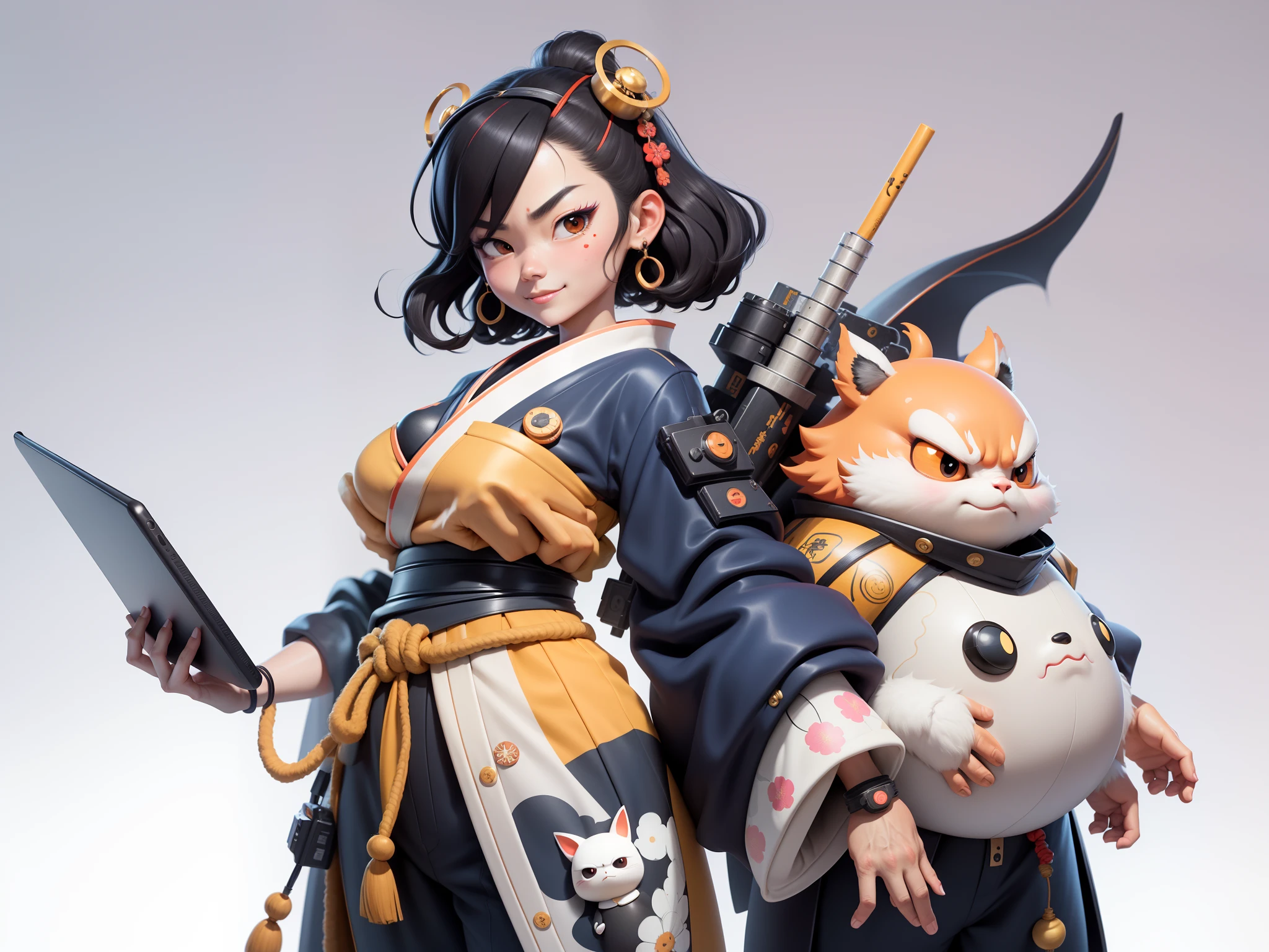 (Daisaku),(Need),(Super meticulous),(full bodyesbian:1.2),Japanese ukiyo-e girl,japanese geisha,Beautiful,Oriental dragon,Aeolian Thor,Raised sexy,爆乳,Oriental face,TV Anchor,Bust portrait illustration,Alone,In black suit,a blue tie,The face is slightly chubby,The face was clean,without a beard,Black super short hair,Black eyes,Smile confidently,3C computer sub-products,iPad, iphone,Digital painting,3D character design by Mark Clairen and Pixar and Hayao Miyazaki and Akira Toriyama,The illustration is a high-definition illustration in 4K resolution,With very detailed facial features and cartoon-style visuals。