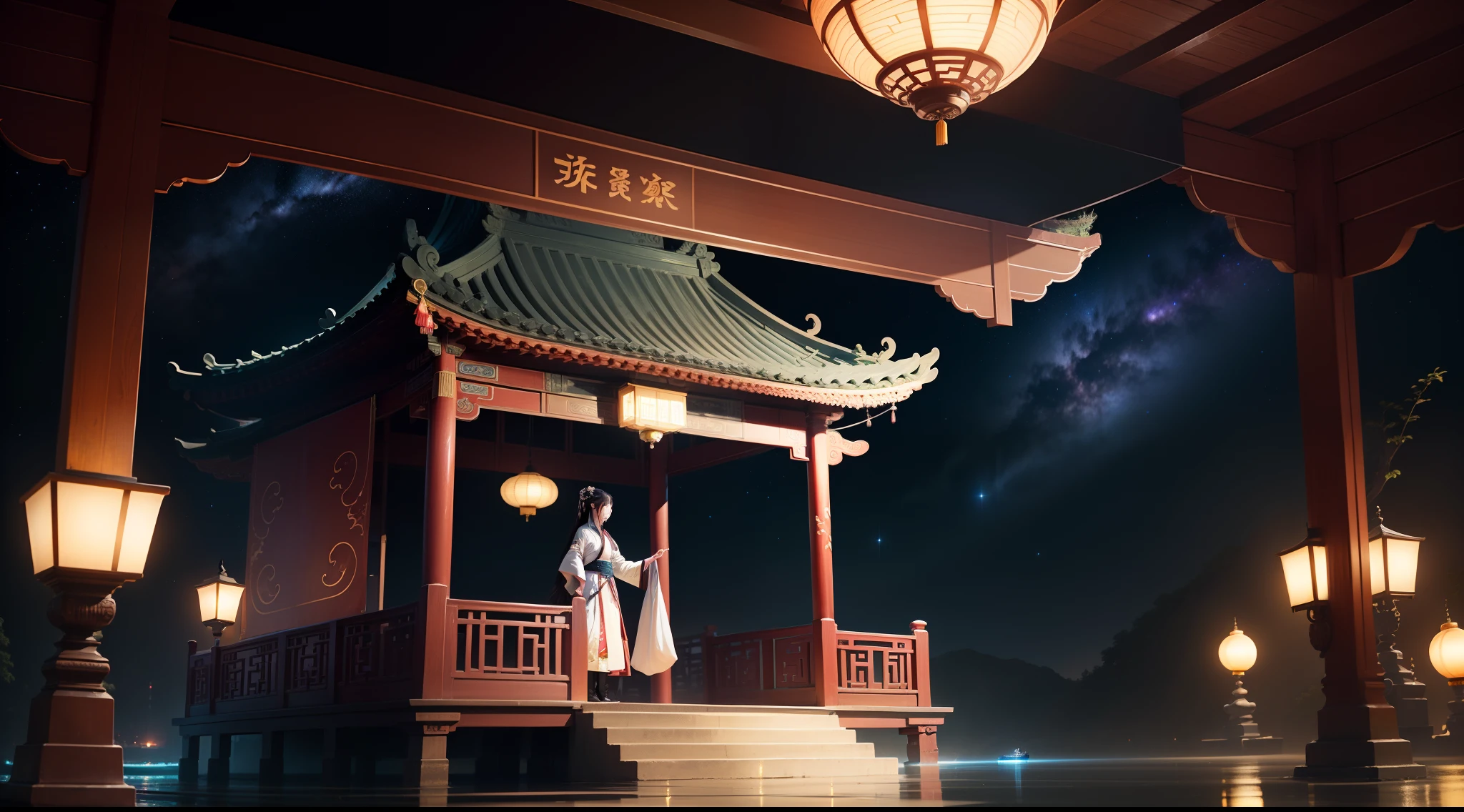 The galaxy is shining，Pavilions，Hanfu girl，Light boat moonlight，It's epic，Chinese-style architecture，Gorgeous，cinematic ligh，4K