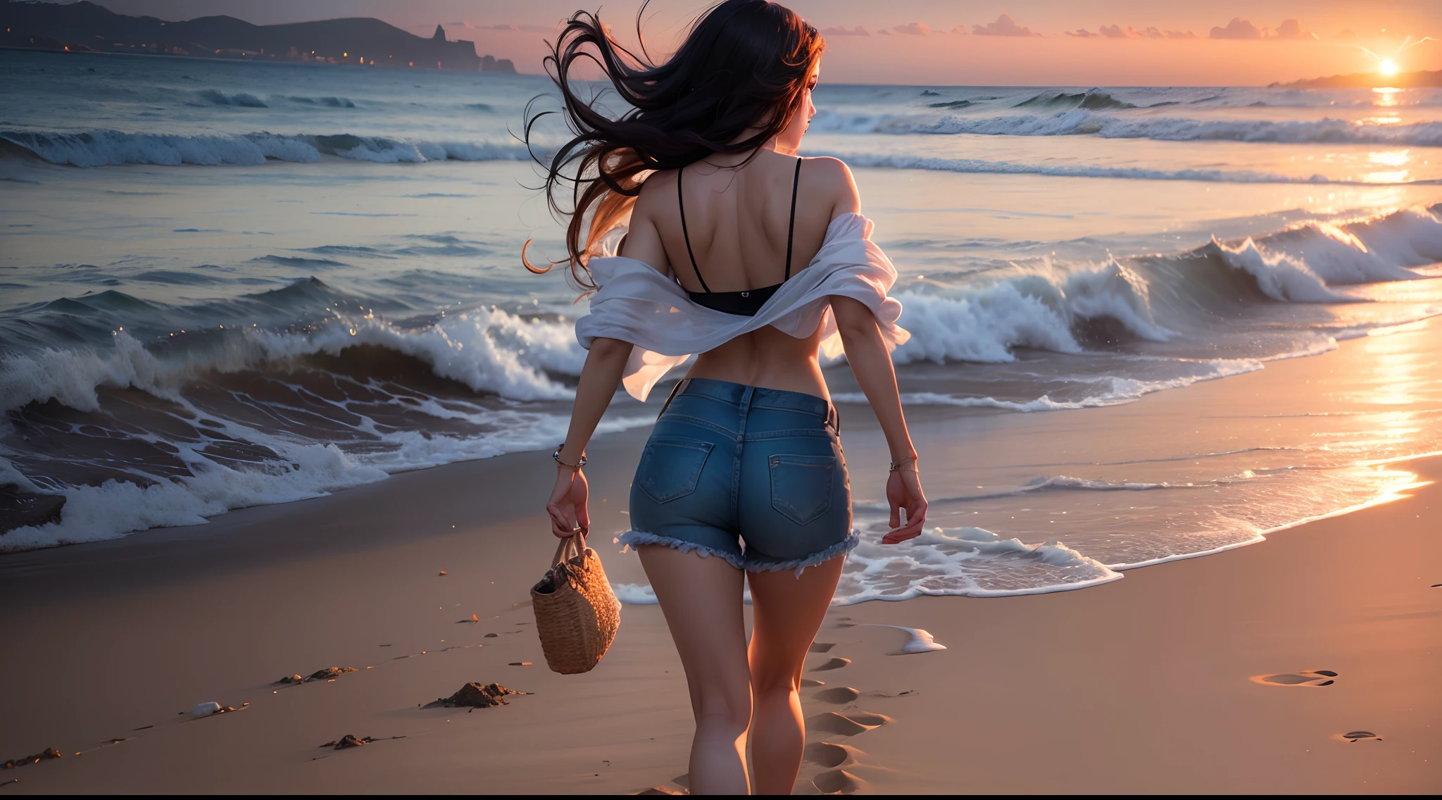 A beautiful woman walking on the beach, sunset, light in her hair (8k, masterpiece, best quality)