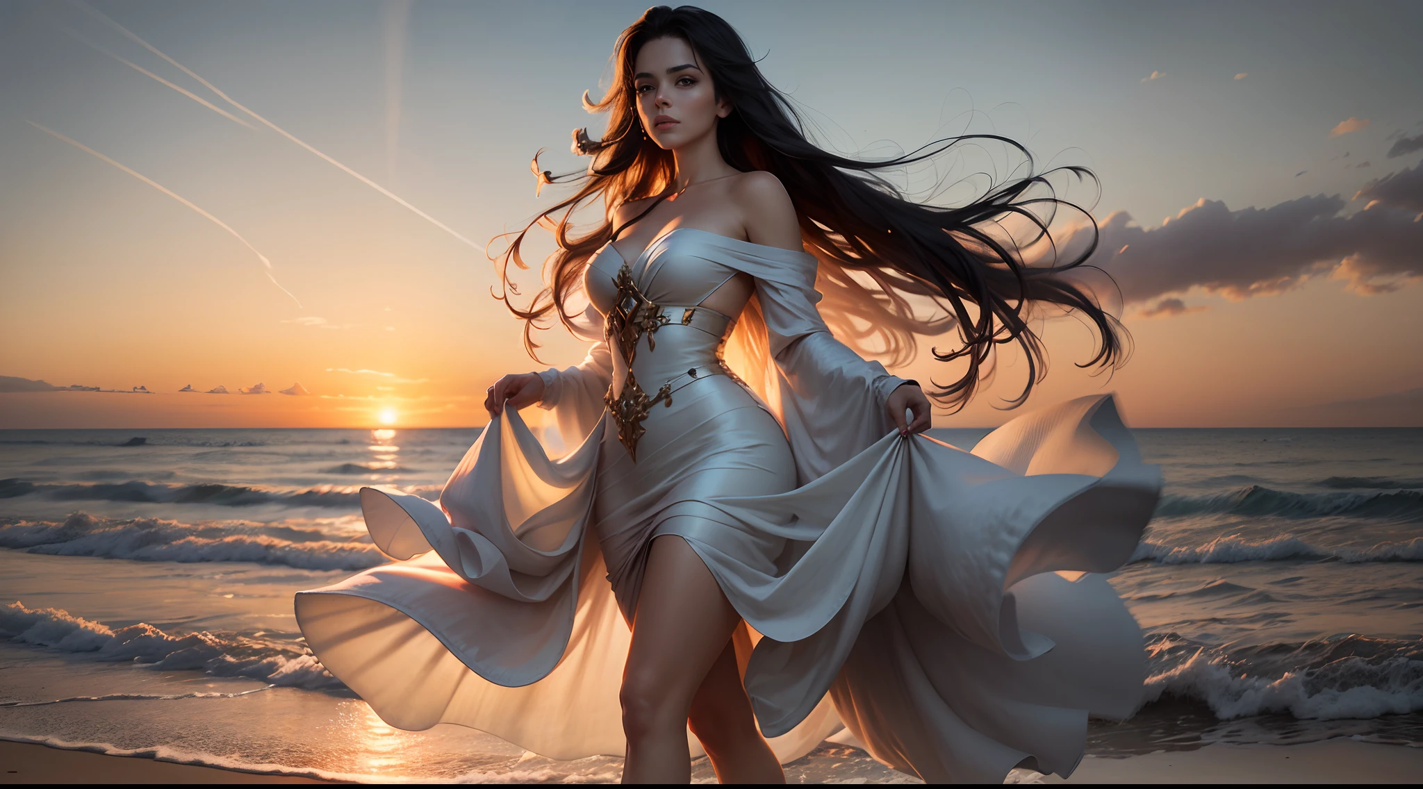 A beautiful woman walking on the beach, sunset, light in her hair (8k, masterpiece, best quality)
