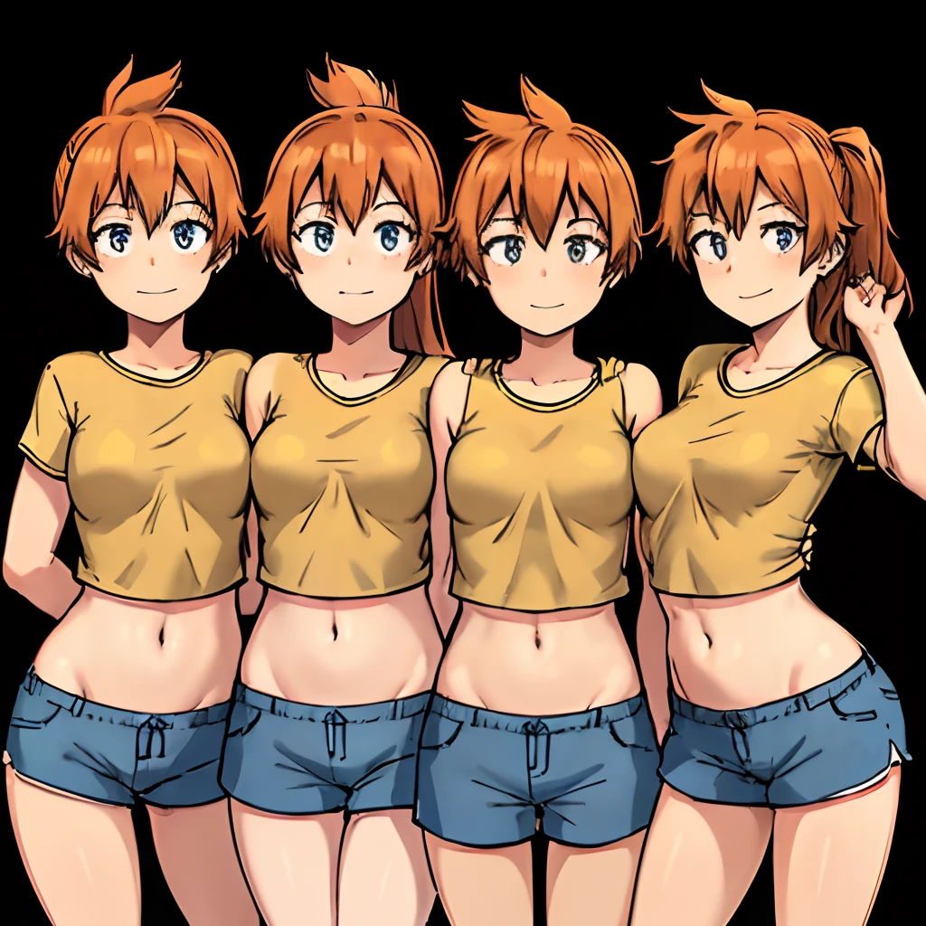 itsuka kendou, 5girls, group, long hair, breasts, looking at viewer, smile, blue eyes, simple background, shirt, white background, navel, closed mouth, ponytail, short sleeves, cowboy shot, shorts, midriff, orange hair, arms up, side ponytail, crop top, short shorts, arms behind head, blue shorts, yellow shirt, cropped shirt, quintuplets, clones