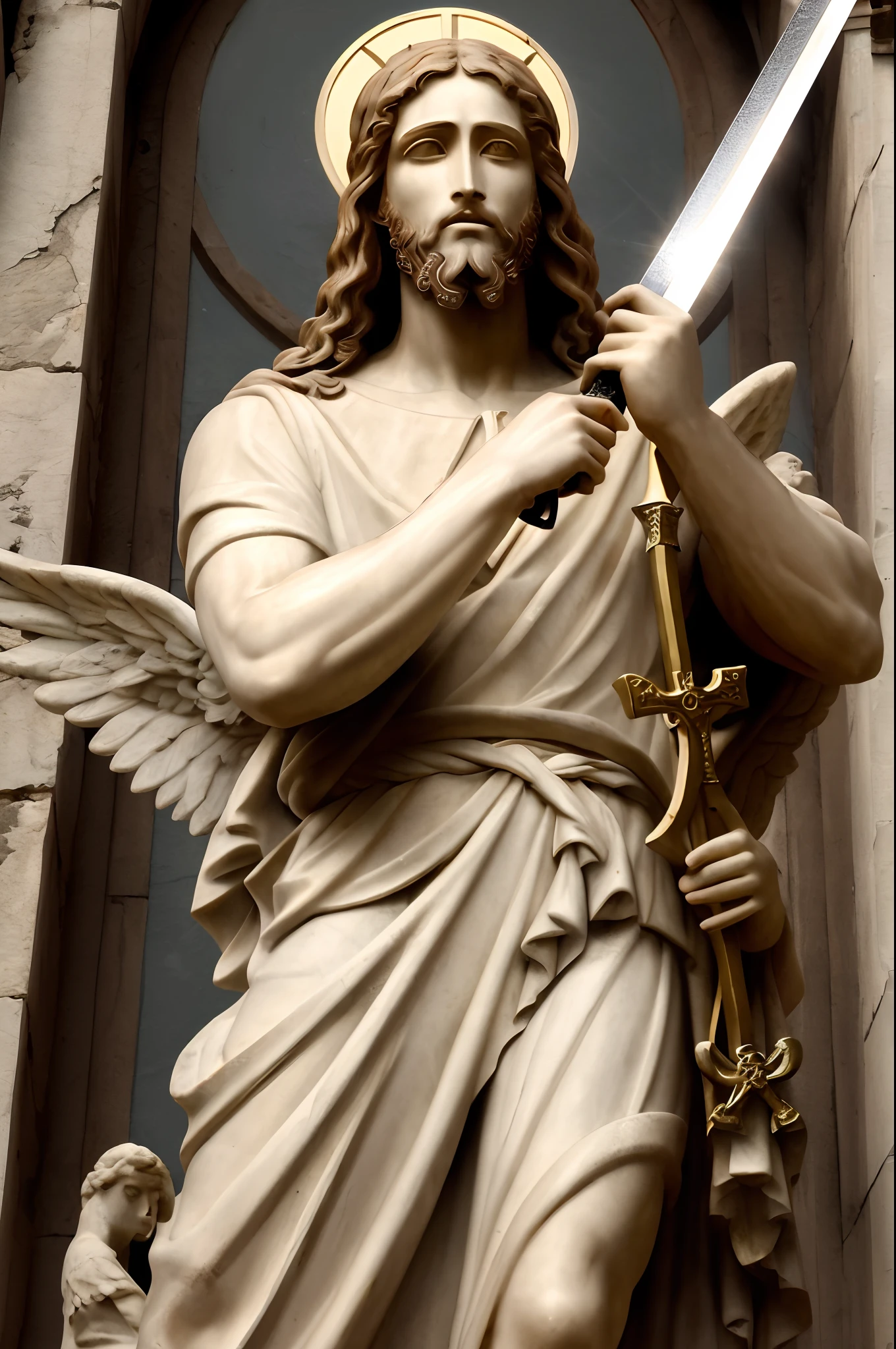 Jesus holding a sword in Greece mythology style, art, cross, angels,