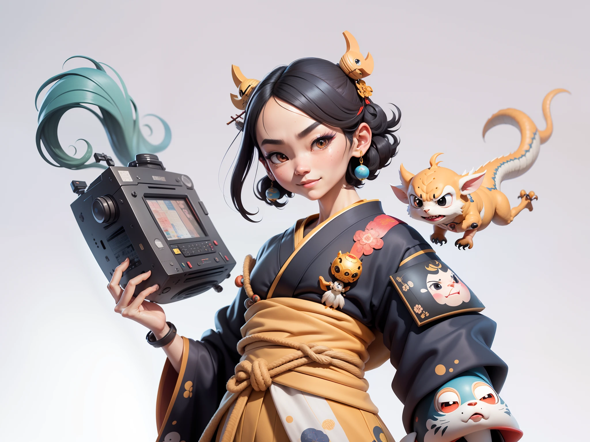 (Daisaku),(Need),(Super meticulous),(full bodyesbian:1.2),Japanese ukiyo-e girl，japanese geisha，Beautiful，Oriental dragon，Aeolian Thor，Raised sexy，爆乳，Oriental face，TV Anchor，Bust portrait illustration，Alone，In black suit，a blue tie，The face is slightly chubby，The face was clean，without a beard，Black super short hair，Black eyes，Smile confidently，3C computer sub-products，iPad， iphone，Digital painting，3D character design by Mark Clairen and Pixar and Hayao Miyazaki and Akira Toriyama，The illustration is a high-definition illustration in 4K resolution，With very detailed facial features and cartoon-style visuals。