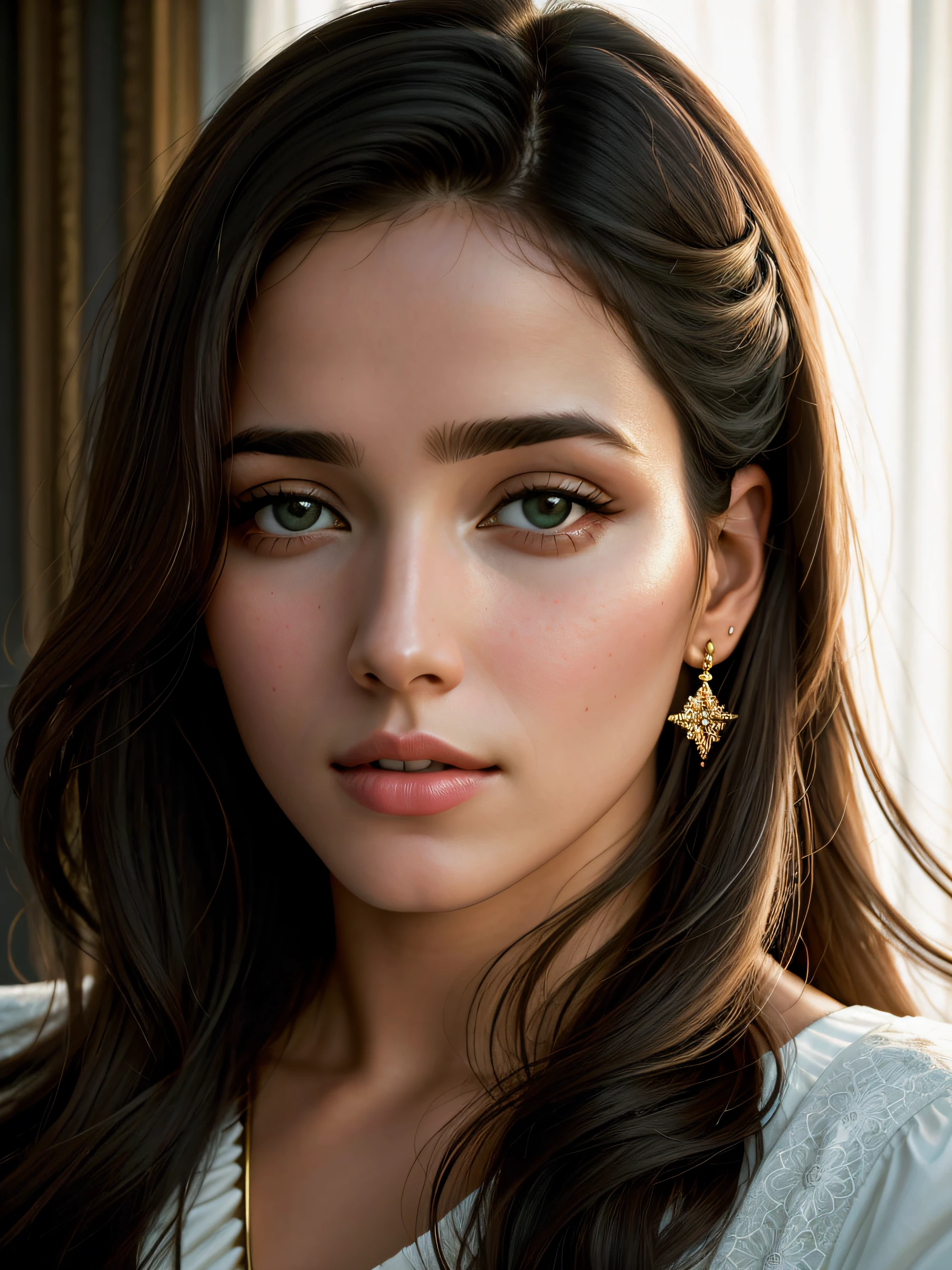 (anika) ultra-realistic portrait of a young woman named Anita (anika) looking into a round handheld mirror. She is gently touching her face with one hand while applying a small amount of cream to her cheek. She is wearing a light-colored, elegant top with thin straps that highlight her shoulders. Her long, dark hair is styled straight and flows over her shoulders. The background is a soft, neutral color that does not distract from her face and the mirror. Soft, natural lighting highlights her facial features and creates a calm, serene atmosphere.

