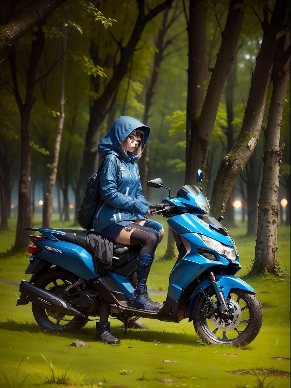 phblue, scenery, no humans, landscape, (masterpiece,best quality:1.4), blue theme, city, dusk, 1girl, rain,, close up,darkly,eventide,Solitude