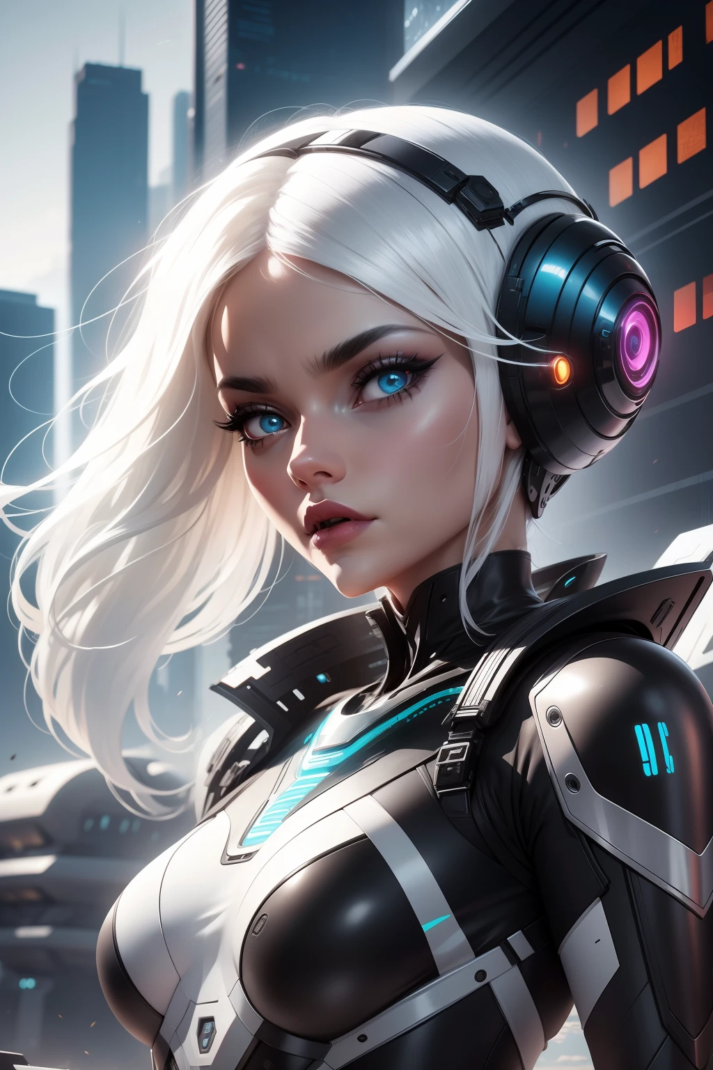 alien god , 1girl a woman with white hair and a black outfit robotic, looking at viewer, futuristic buildings on background, high contrast, highly detailed, 8k hdr