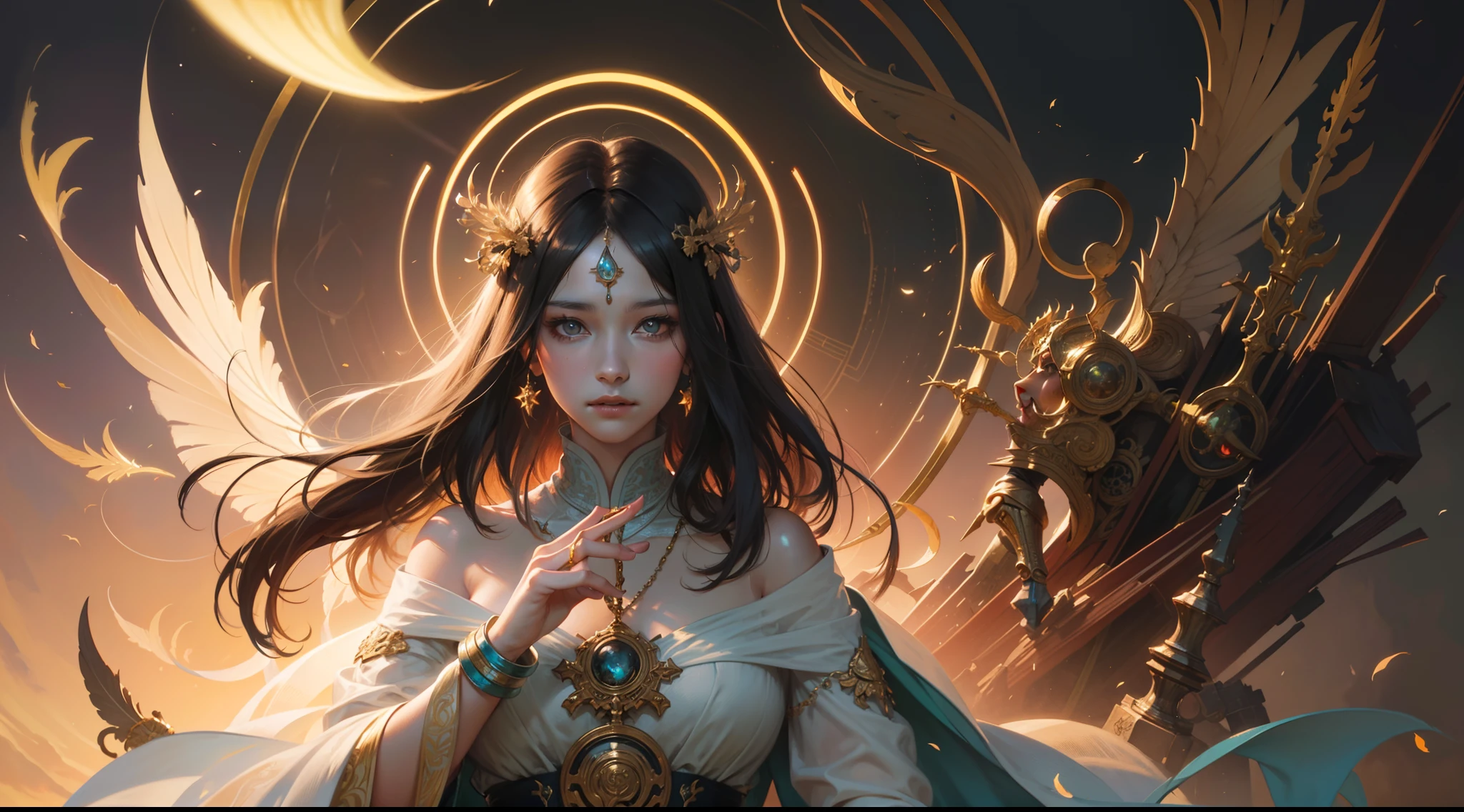 High quality, masterpiece, masterpiece, exquisite facial features, exquisite hair, exquisite eyes, exquisite color hair, 4K picture quality, gorgeous light and shadow, Tyndall effect, halo, messy hair, young state, gorgeous scene, exquisite clothes, chains, feathers, ancient chinese beauty with big eyes very detailed, digital painting, artstation, concept art, sharp focus, illustration, art by greg rutkowski and alphonse mucha and victo ngai