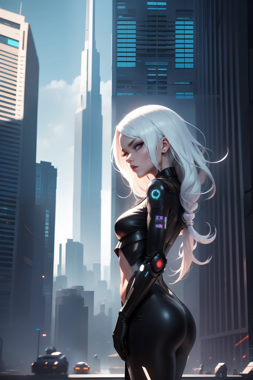 alien god , 1girl a woman with white hair and a black outfit robotic, looking at viewer, futuristic buildings on background, high contrast, highly detailed, 8k hdr