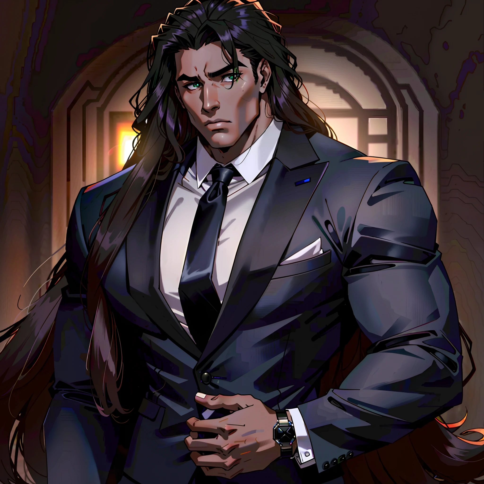 Most perfect man to ever live, perfect face, perfect man, absurdly god-like beauty, inhumanly gorgeous, impossibly handsome, bust portrait, very thick lips, squared chin, ridiculously beautiful eyes, tanned skin, perfect nise, manly, androgenous, broad shoulders, brown skin, green eyes, sexy, sensual, intimidating, smooth skin, 17 year old, young man, ager, very intimidating, wearing a suit and tie, long and huge perfect and lightly curly hair, perfect long hair, seductive, teentremely exagerated bodybuilder physique,  dark skinned