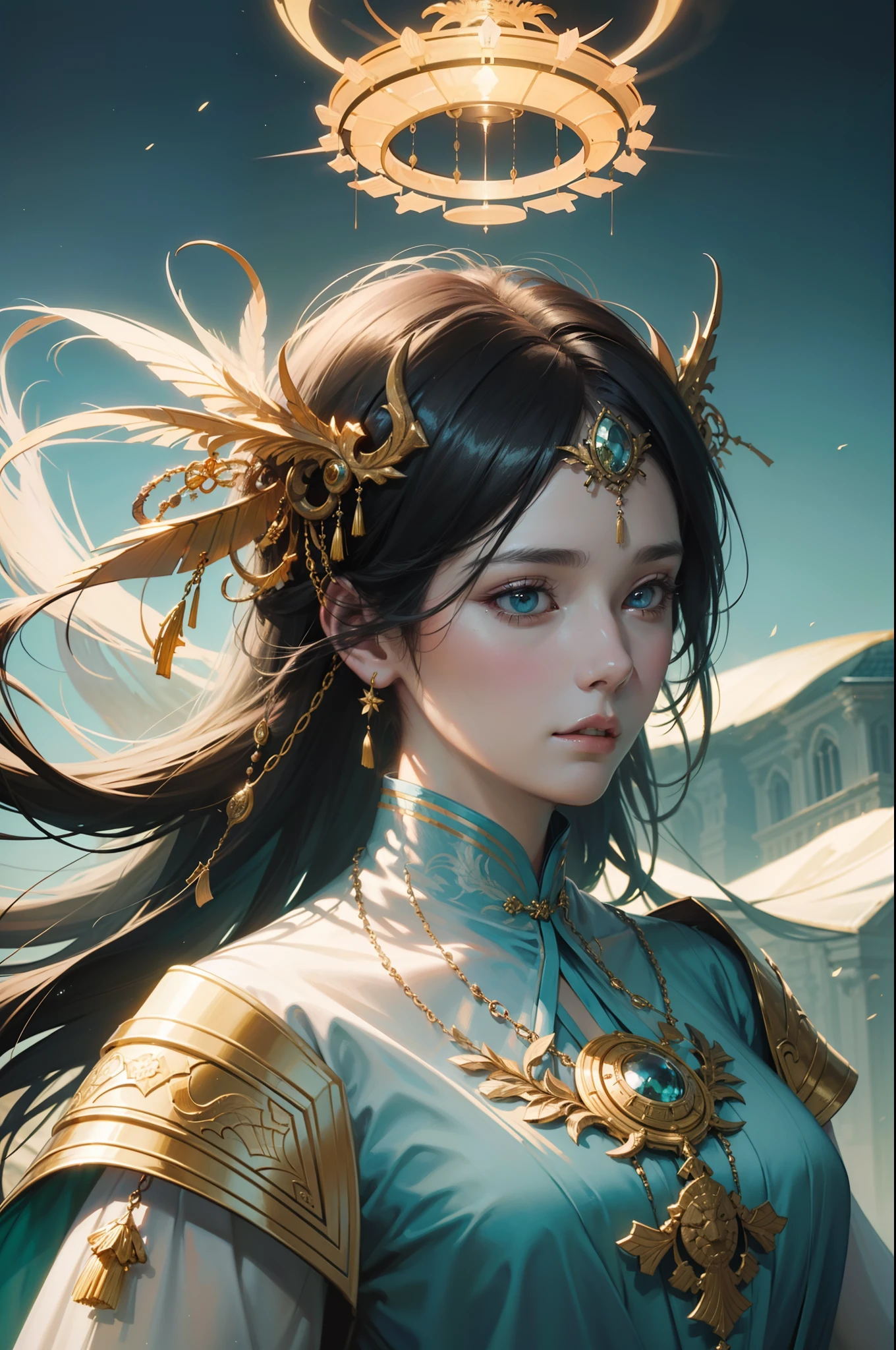 High quality, masterpiece, masterpiece, exquisite facial features, exquisite hair, exquisite eyes, exquisite color hair, 4K picture quality, gorgeous light and shadow, Tyndall effect, halo, messy hair, young state, gorgeous scene, exquisite clothes, chains, feathers, ancient chinese beauty with big eyes very detailed, digital painting, artstation, concept art, sharp focus, illustration, art by greg rutkowski and alphonse mucha and victo ngai