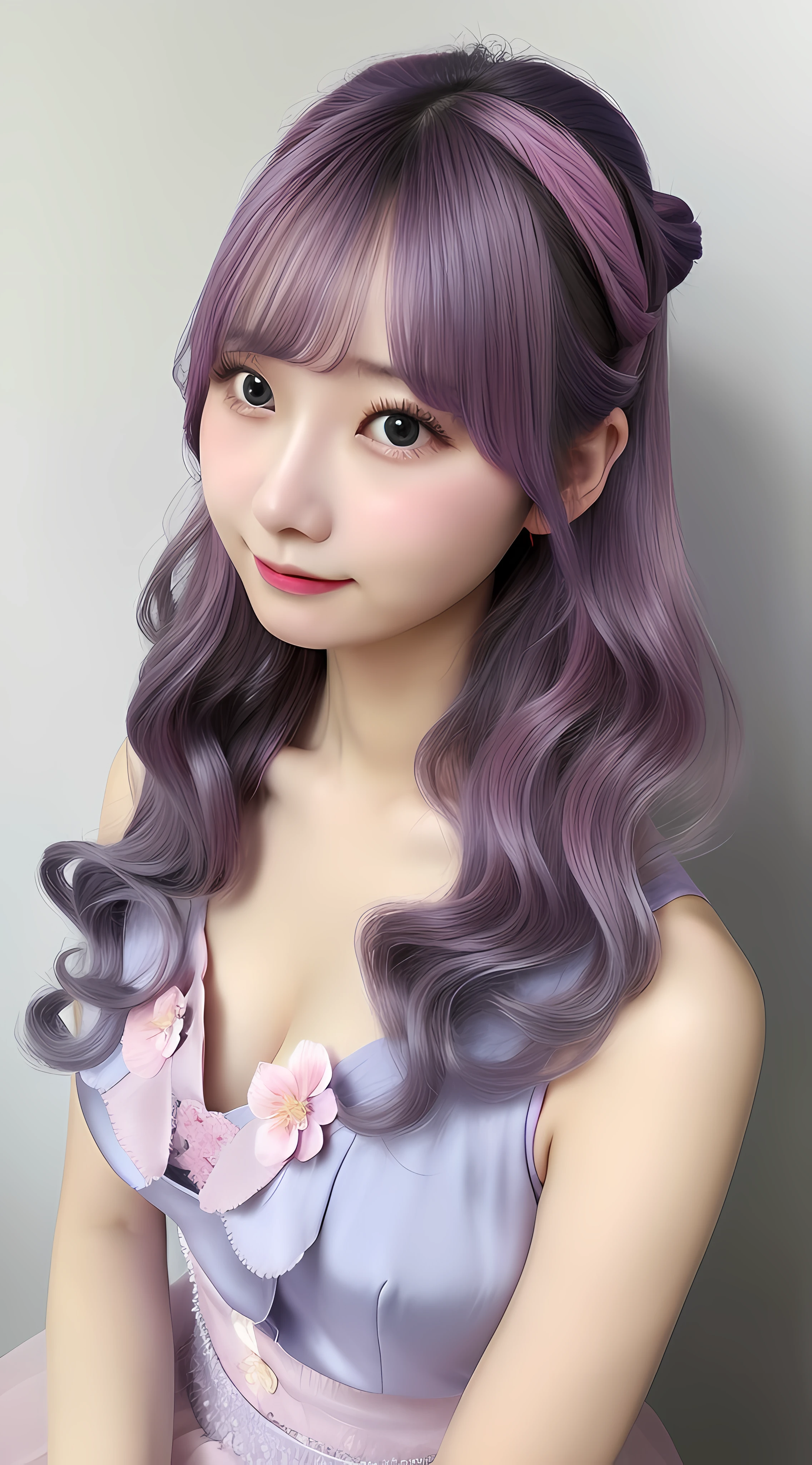 Woman in pink dress,真实感，Faded gray hair，A flower stuck in his hair,  Chinese women，Delicate facial features，gigantic cleavage breasts：1.2，blue color eyes，