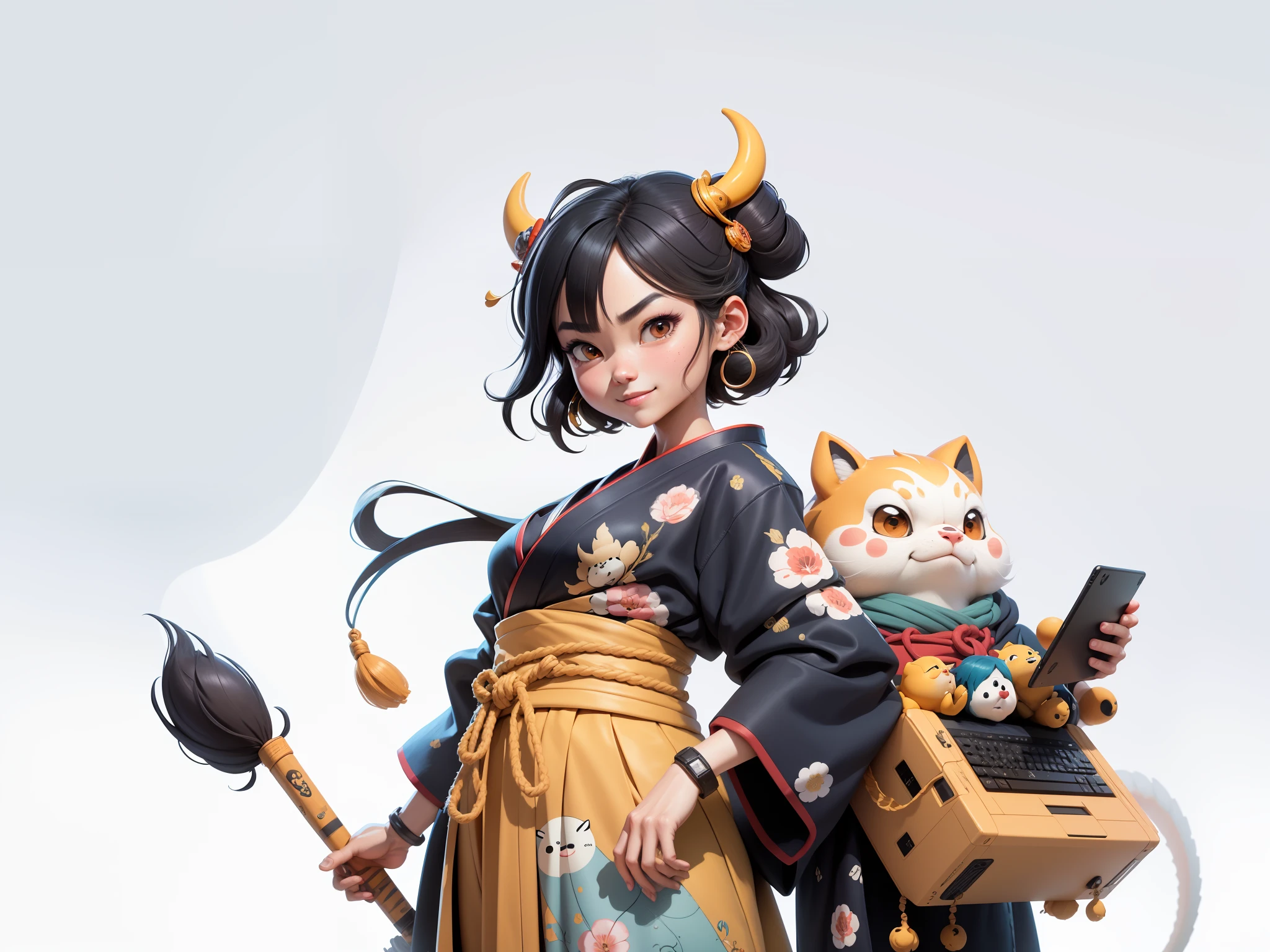 (Daisaku),(Need),(Super meticulous),(full bodyesbian:1.2),Japanese ukiyo-e girl,japanese geisha,Beautiful,Oriental dragon,Aeolian Thor,Raised sexy,爆乳,Oriental face,TV Anchor,Bust portrait illustration,Alone,In black suit,a blue tie,The face is slightly chubby,The face was clean,without a beard,Black super short hair,Black eyes,Smile confidently,3C computer sub-products,iPad, iphone,Digital painting,3D character design by Mark Clairen and Pixar and Hayao Miyazaki and Akira Toriyama,The illustration is a high-definition illustration in 4K resolution,With very detailed facial features and cartoon-style visuals。