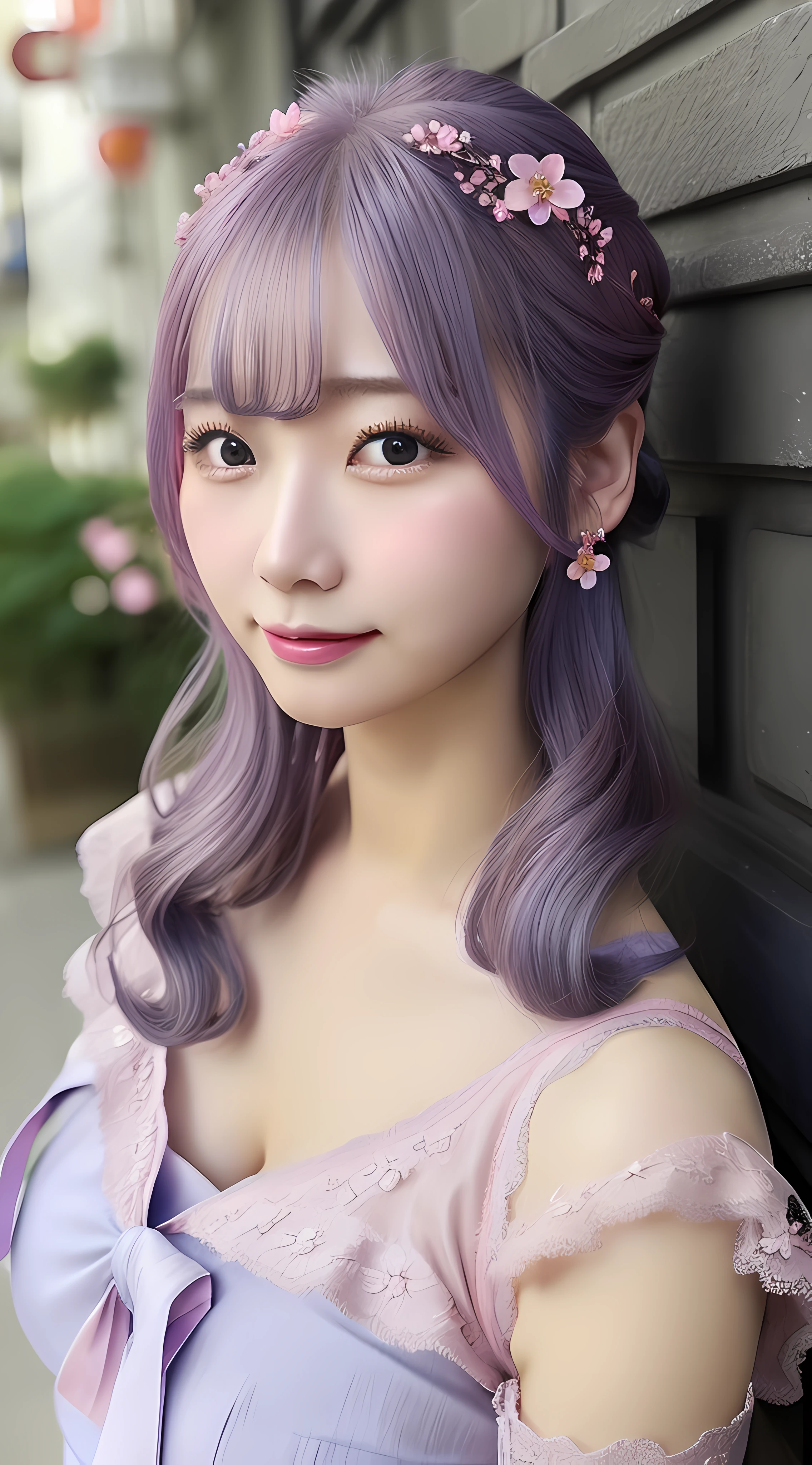 Woman in pink dress,真实感,Faded gray hair,A flower stuck in his hair, Chinese women,Delicate facial features,gigantic cleavage breasts:1.2,blue color eyes,