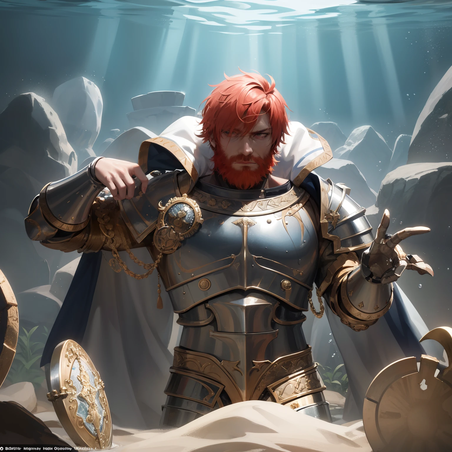"Tragic and epic scene: Emperor Barbarossa's lifeless body in gleaming armor, submerged underwater, surrounded by a mysterious and suspenseful ambiance."