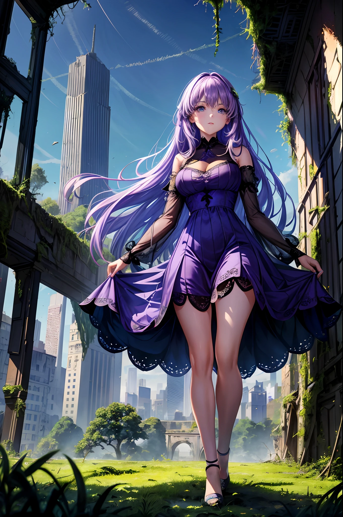 medium breasts ((beautiful girl)) ((hair color violet)) blue lace dress masterpiece, high quality, ultra-detailliert, devastated, Ruins, Skyscraper, Grass grows,moss, ivy tangled building)Collapsed, tall buildings, 2000 years have passed, buildings overgrown with vegetation, night, view from behind