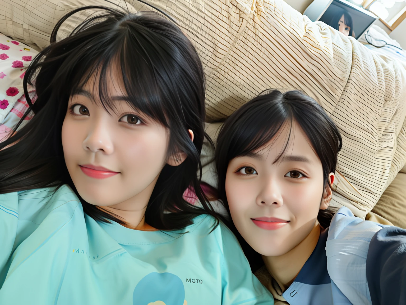 Group photo of black-haired couple lying on bed