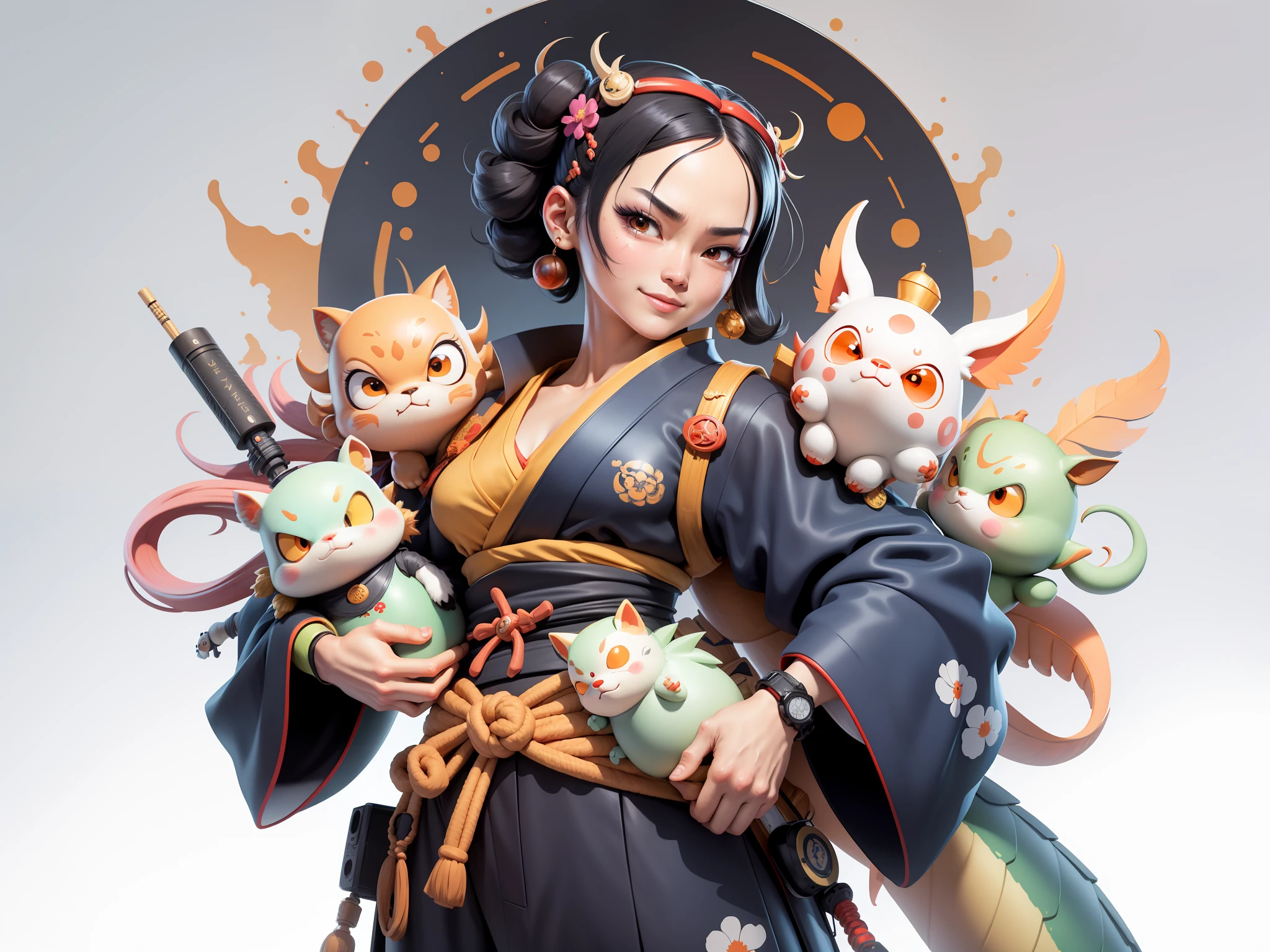 (Daisaku),(Need),(Super meticulous),(full bodyesbian:1.2),Japanese ukiyo-e girl，japanese geisha，Beautiful，Oriental dragon，Aeolian Thor，Raised sexy，爆乳，Oriental face，TV Anchor，Bust portrait illustration，Alone，In black suit，a blue tie，The face is slightly chubby，The face was clean，without a beard，Black super short hair，Black eyes，Smile confidently，3C computer sub-products，iPad， iphone，Digital painting，3D character design by Mark Clairen and Pixar and Hayao Miyazaki and Akira Toriyama，The illustration is a high-definition illustration in 4K resolution，With very detailed facial features and cartoon-style visuals。