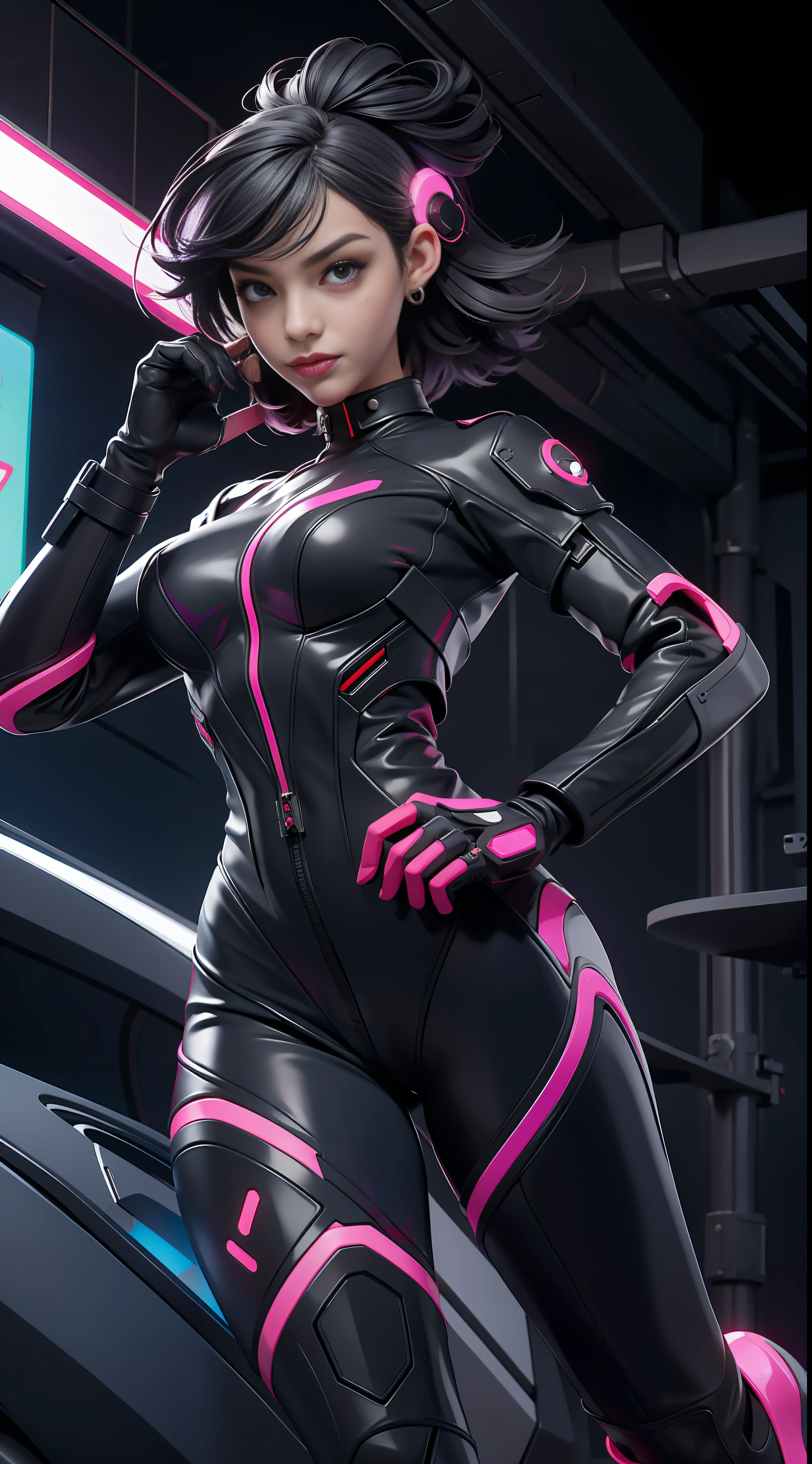 1girll, future warrior,cabelos preto e longos,flowy,crisp breasts,Toned Thighs,Tattooed with,Chest bumps,Wears a black combat instrument on his head,Black tight-fitting one-piece leather suit all over,Black boots,There are round metal rings at the wrists and ankles,epcot,cyberpunk building,Detailed background,Clothing details,perfectly proportioned, Cinematic lighting, filmgrain, Fuji colors, lightand shade contrast, 8K, 巨作, Textured skin, Super detail, high detal, high qulity, A high resolution,