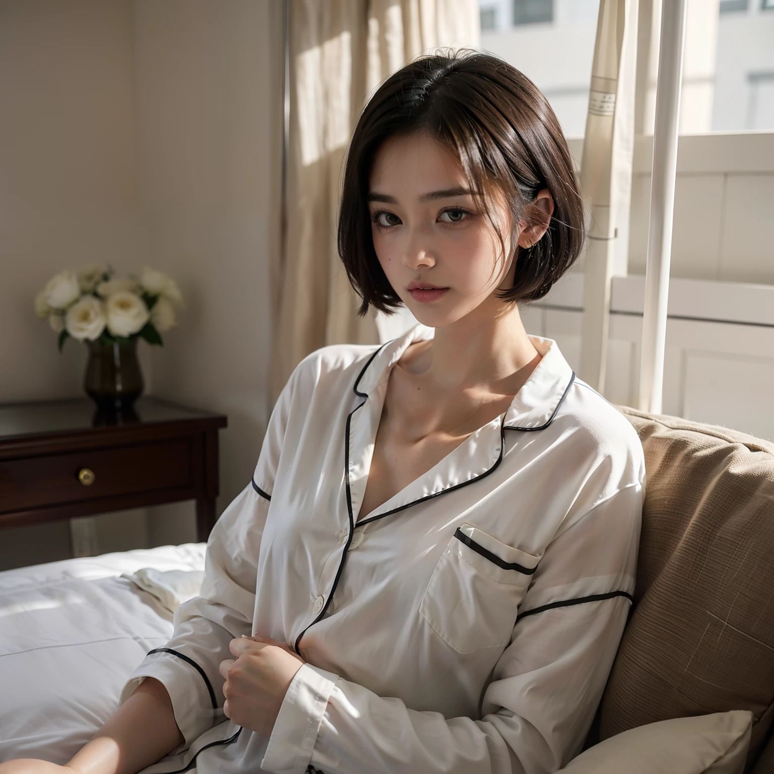 top-quality, masterpiece, 超A high resolution, 8K, Unripe, (photographrealistic:1.4), rendered, depth of fields, A slender, Large Hospital,The hospital room is a private room, detailed beautiful faces, 1 rapariga, cute little, 年轻,, Large black eyes, Black Hair Bob,White pajamas, (s Pajamas:1.3),taking an intravenous drip,