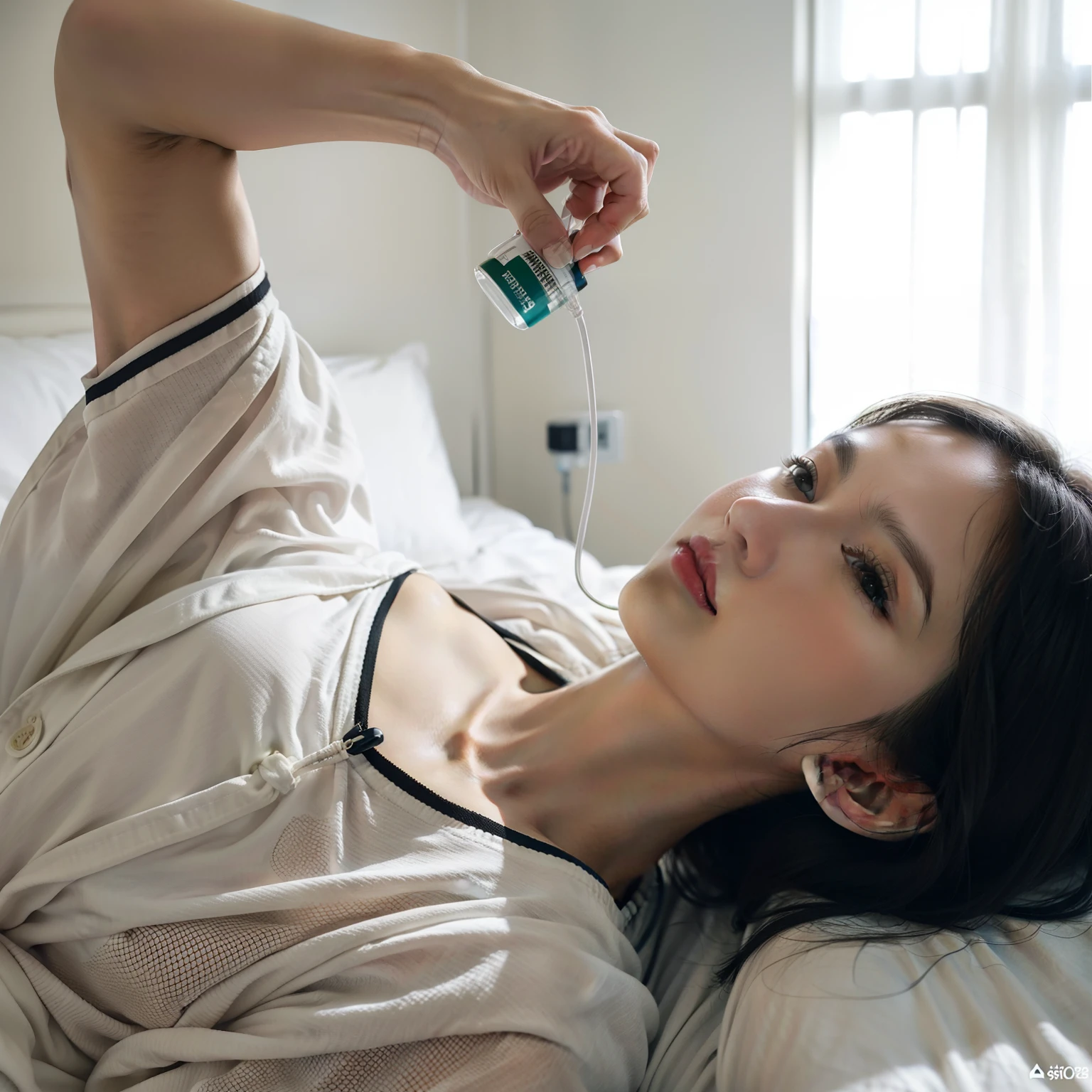 top-quality, masterpiece, 超A high resolution, 8K, Unripe, (photographrealistic:1.4), rendered, depth of fields, A slender, Large Hospital,The hospital room is a private room, detailed beautiful faces, 1 rapariga, cute little, 年轻,, Large black eyes, Black Hair Bob,White pajamas, (s Pajamas:1.3),taking an intravenous drip,