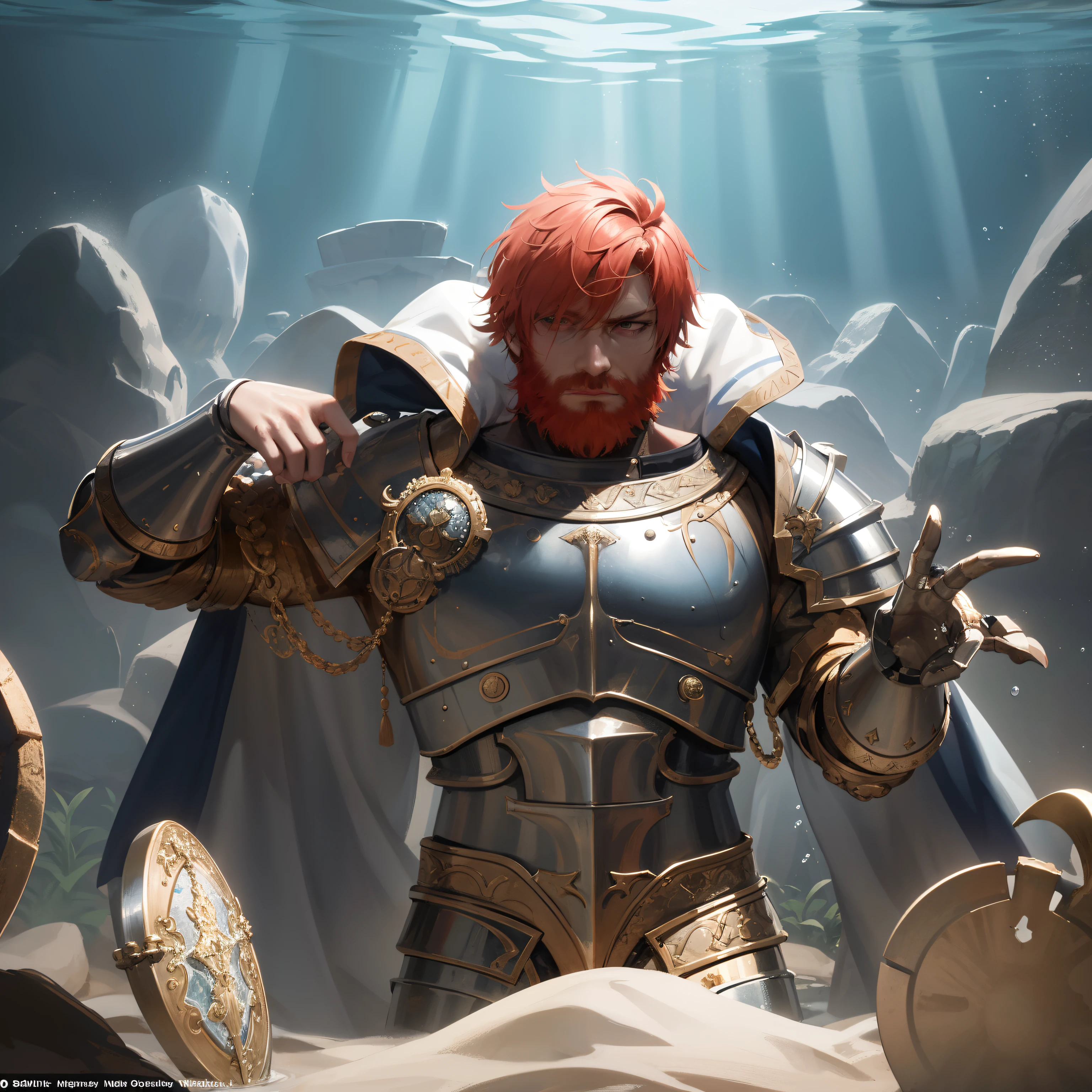 "Tragic and epic scene: Emperor Barbarossa's lifeless body in gleaming armor, submerged underwater, surrounded by a mysterious and suspenseful ambiance."