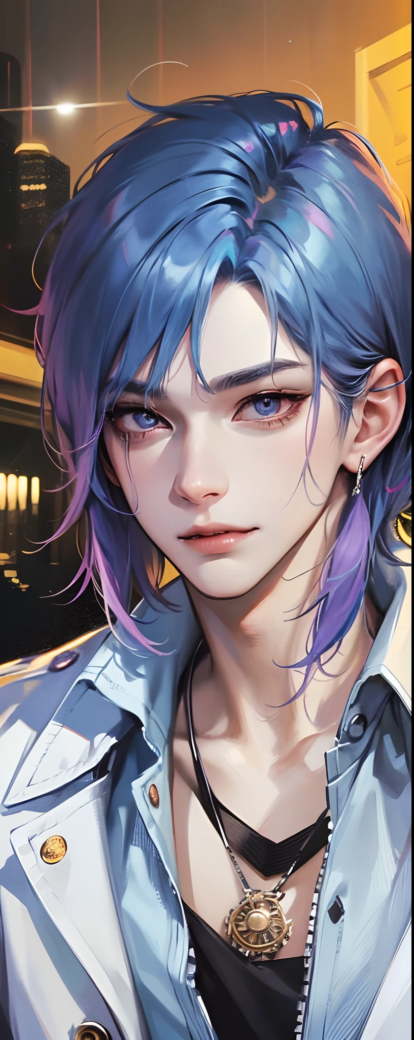 masterpiece, top-quality, 2Others, Male couple, 1 man and 1,, Adults, Height difference, different fashion, different color, finely eye and detailed face, intricate detailes, Casual clothing, Oversized shirt, Modern urban streets, A smile, Happiness, tenderness, queers, high-level image quality、 Two beautiful men、tall、The upper part of the body、nightfall、nighttime scene、𝓡𝓸𝓶𝓪𝓷𝓽𝓲𝓬、Korean Male, Idol Photos, k pop, Professional Photos, Vampires, Korean fashion in black and white, Fedoman with necklace, inspired by Sim Sa-jeong, androgynous vampire, :9 detailed face: 8, extra detailed face, detailed punk hair, ((eyes are brown)) baggy eyes, Seductive. Highly detailed, semi realistic anime, Vampires, hyperrealistic teen, delicate androgynous prince, imvu, short hair above the ears, Man with short hair, Purple-haired man with a glaring expression and a man with light blue hair with a gentle expression, With a short-haired man with bright purple hair, Man with light blue hair