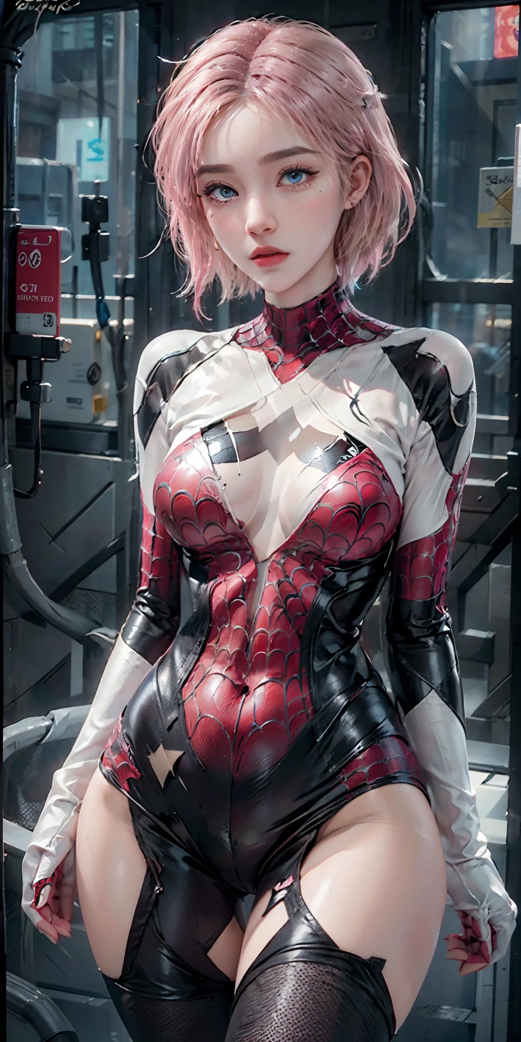 photorealistic, high resolution, soft light,1women, solo, hips up, (detailed face),tattoo, jewelry, Gwen Stacy, Spider Gwen suit, tights, superheroes, (full body photo), ((Spider-man pose)), (dynamic pose tights, superhero, (blonde and pink hair), (blue eyes), animation, eyebrow piercing (side cut: 1.3), (asymmetrical_hair: 1.3), (one side of shaved head: 1.3)