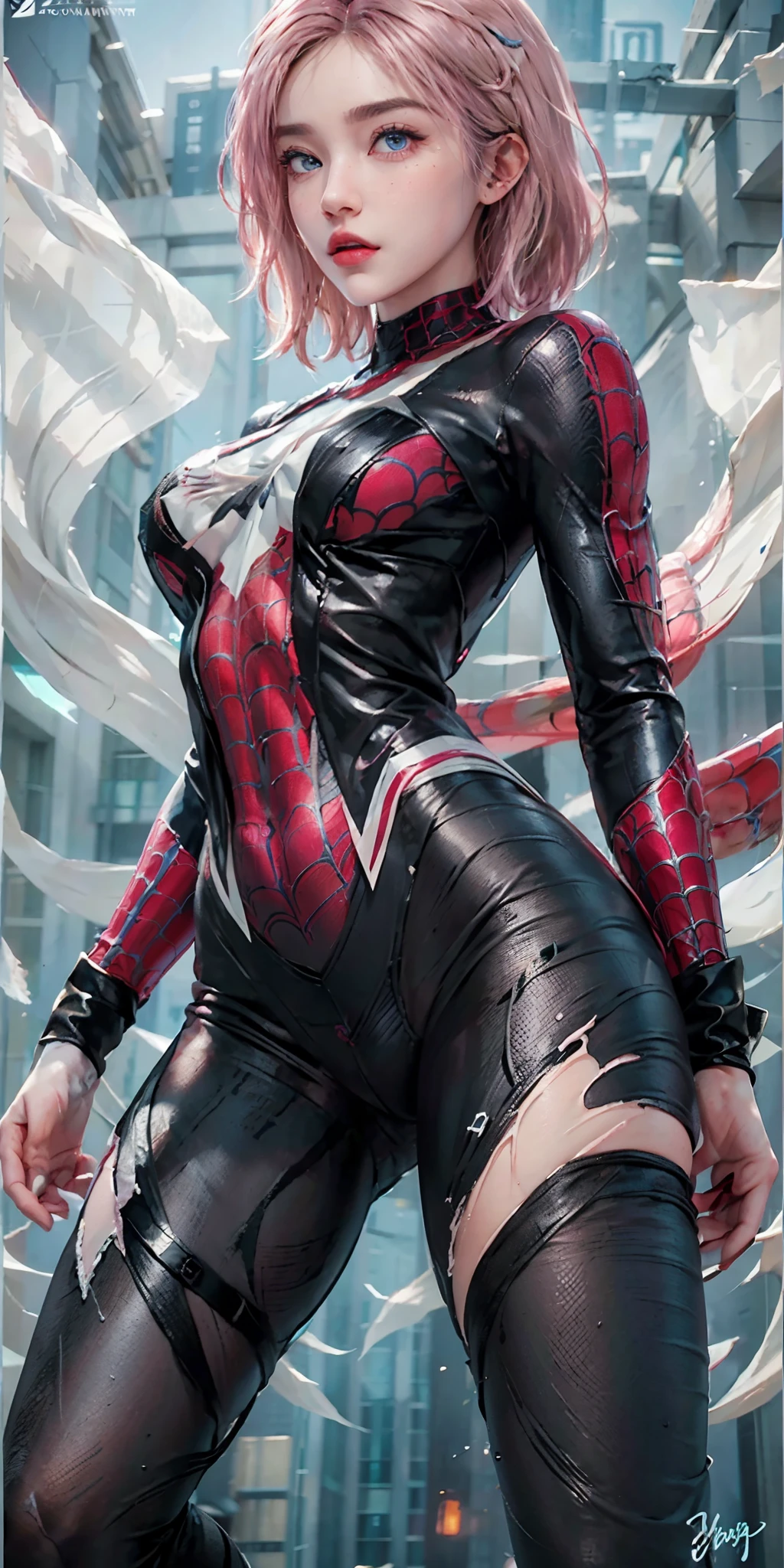 photorealistic, high resolution, soft light,1women, solo, hips up, (detailed face),tattoo, jewelry, Gwen Stacy, Spider Gwen suit, tights, superheroes, (full body photo), ((Spider-man pose)), (dynamic pose tights, superhero, (blonde and pink hair), (blue eyes), animation, eyebrow piercing (side cut: 1.3), (asymmetrical_hair: 1.3), (one side of shaved head: 1.3)