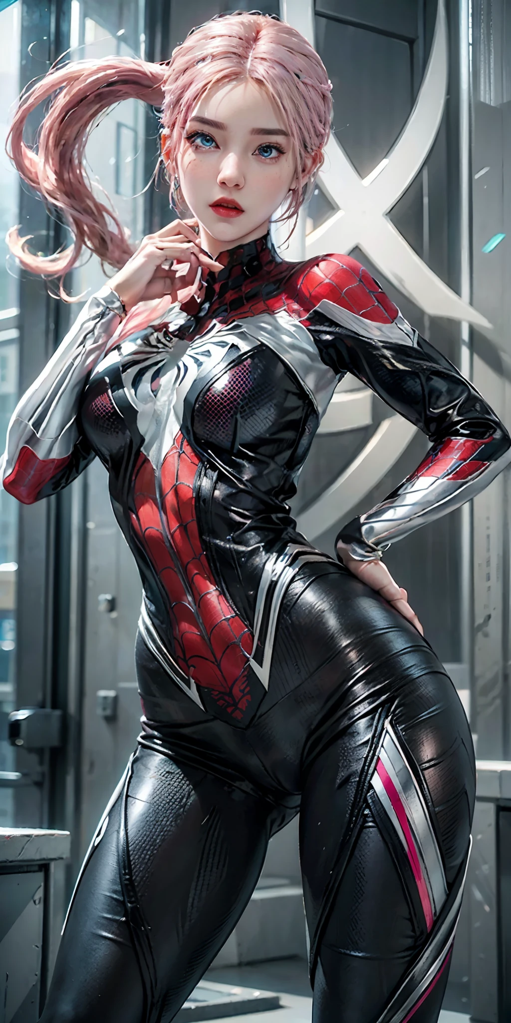 blond haired woman in a pink and white costume sitting on a ledge, ( ( spiderwoman ) ), cyber suit, gwen stacy, inspired by Yanjun Cheng, yanjun chengt, ross tran 8 k, realistic cosplay, spider - gwen, spider-gwen, spider gwen, cybersuit, futuristic style spiderman, perfect android girl, cybersuits