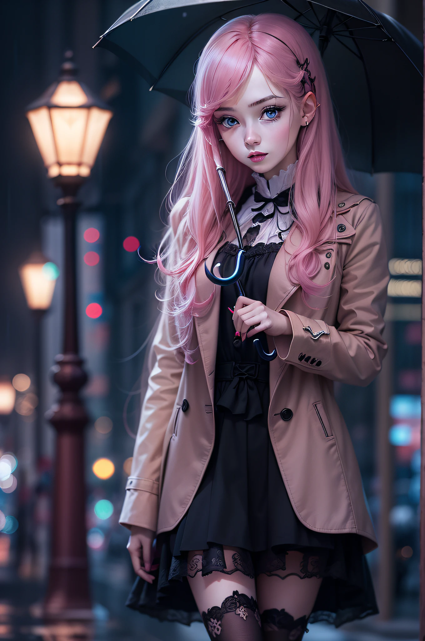 Gothic girl, Long pink gradient hair, wide blue eyes，Tender lips,Playful and cute,inquisitive, Full body photo，Holding a black umbrella in his hand，Street at night，Elegant and dignified，Super detail on the face，Slim