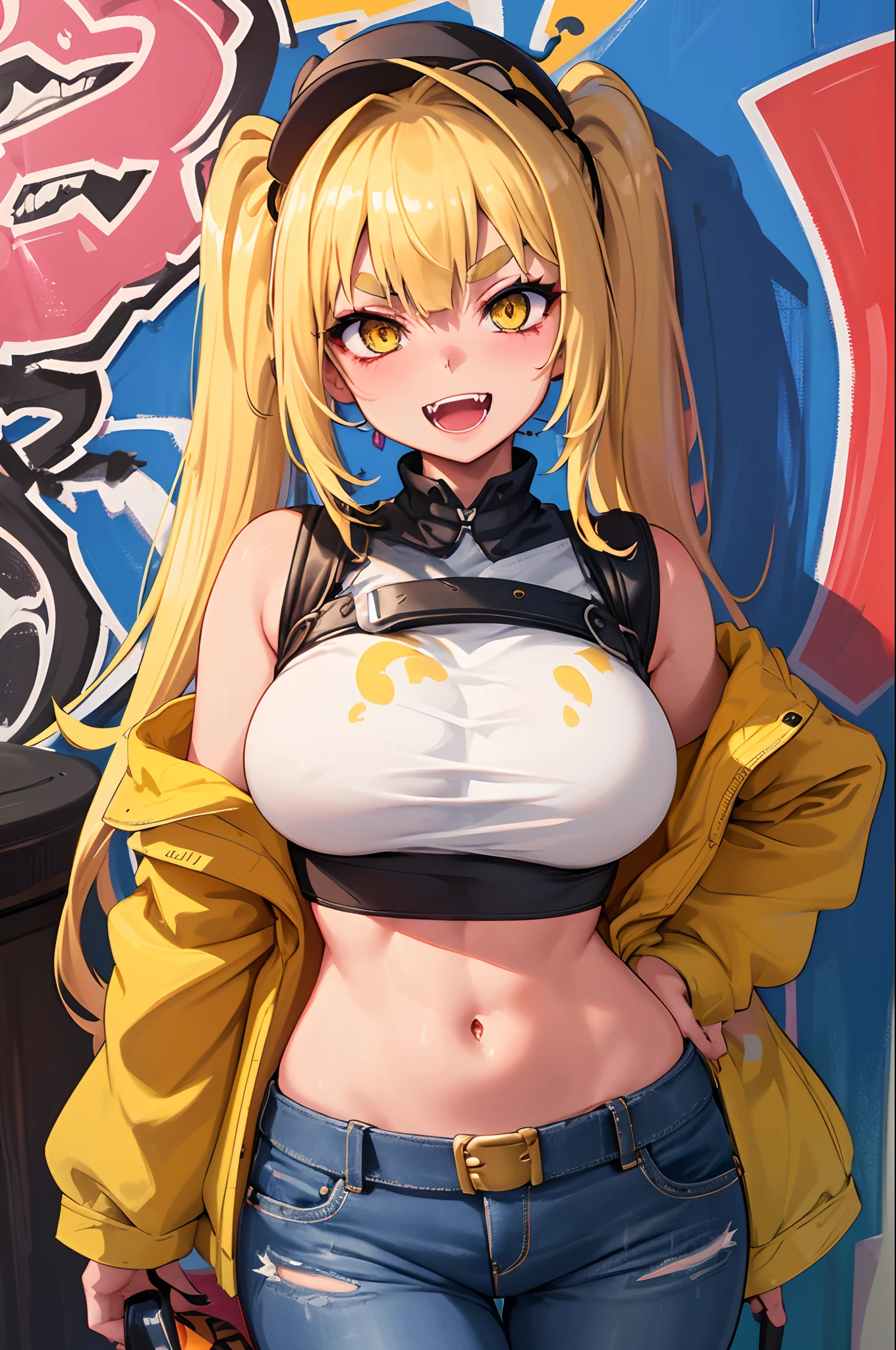 Original Character, Volumetric Lighting, Best Shadows, Shallow Depth of Field, Portrait Of Stunningly Beautiful Girl, Petite, Delicate Beautiful Attractive Face With Alluring Yellow Eyes, Messy Painted Face, Sharp Eyebrows, Broadly Smiling, Open Mouth, Fangs Out, Lovely Medium Breasts, Layered Long Twintail Blond Hair, Blush Eyeshadow, Thick Eyelashes, Applejack Hat, Oversized Pop Jacket, Mini Underboob Tee, Open Navel, Slim Waist, Denim Jeans Pants, With Buckle Belt, In The Graffiti Alley, Waste Container, Outside Stairs, Outdoor Unit, Holding Spray Paint Can, Standing, (Highest Quality, Amazing Details:1.25), (Solo:1.3), Brilliant Colorful Paintings