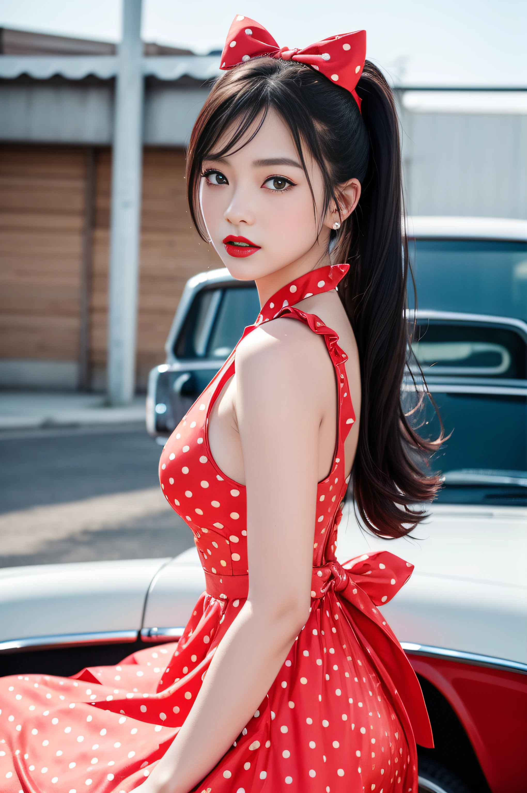 Top image quality、超A high resolution、The ultra -The high-definition、Photoquality(photographrealistic:1.8)、in 8K、femele、japanes、1 persons、20yr old、A dark-haired、Wrap in the back、poneyTail、Swing Dresses、amarelo、polka dot、full body Esbian、Saddle Shoes、red lipsticks、hitornfreckles、bow ribbon、Drive-ins in the USA、1950s、rock 'n' roll、 Cadillac Convertible、Neon Billboard、Pop City、