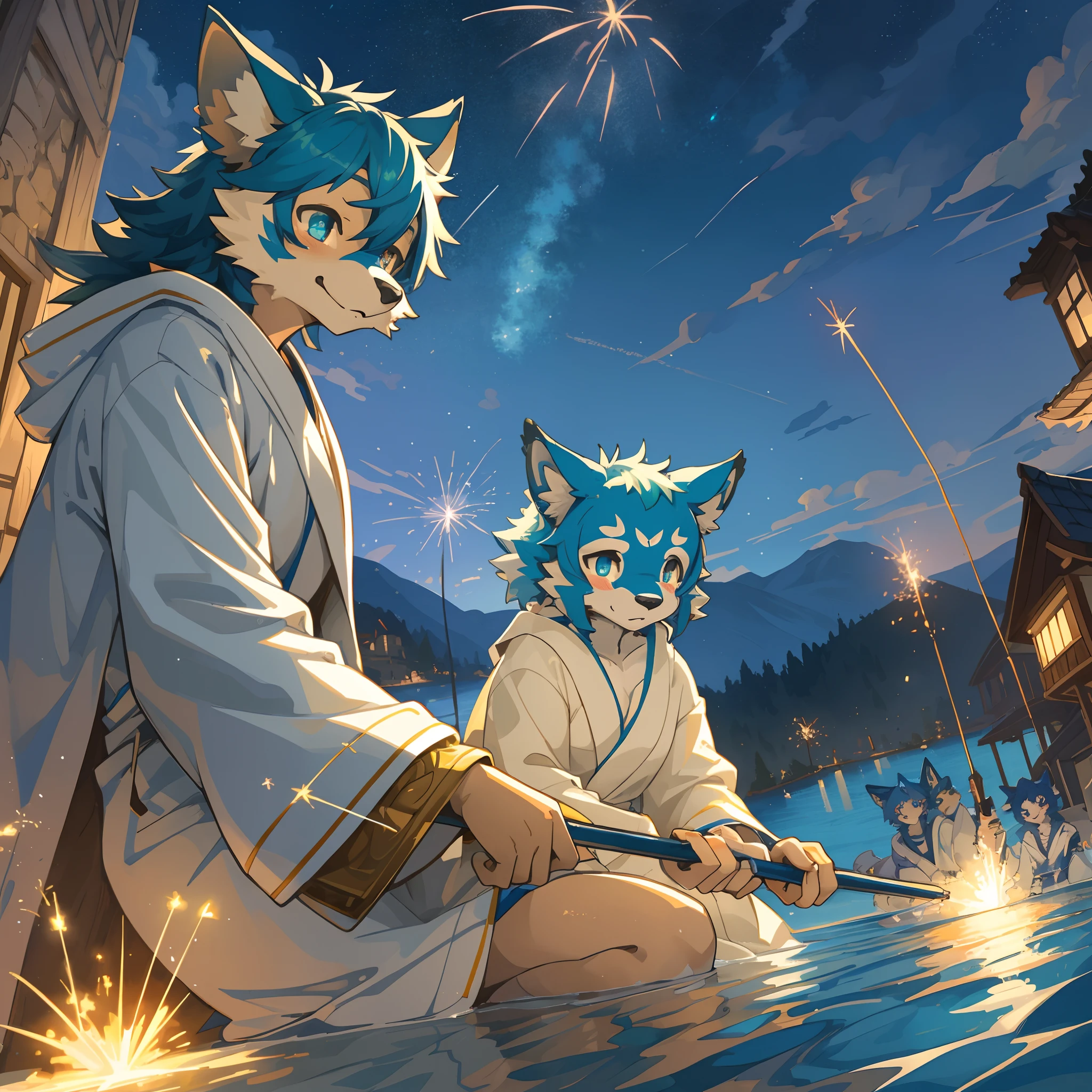 top quality, best quality, High-quality illustrations, masterpiece, super high resolution, detailed background, bathrobe, nigh sky, sparklers, lake, Water surface reflection, 6+boys, 6+girls, absurdres(highly detailed beautiful face and eyes)perfect anatomy, expression, good lighting, cinematic shadow(kemono, furry anthro)assorted poses, dynamic angle,