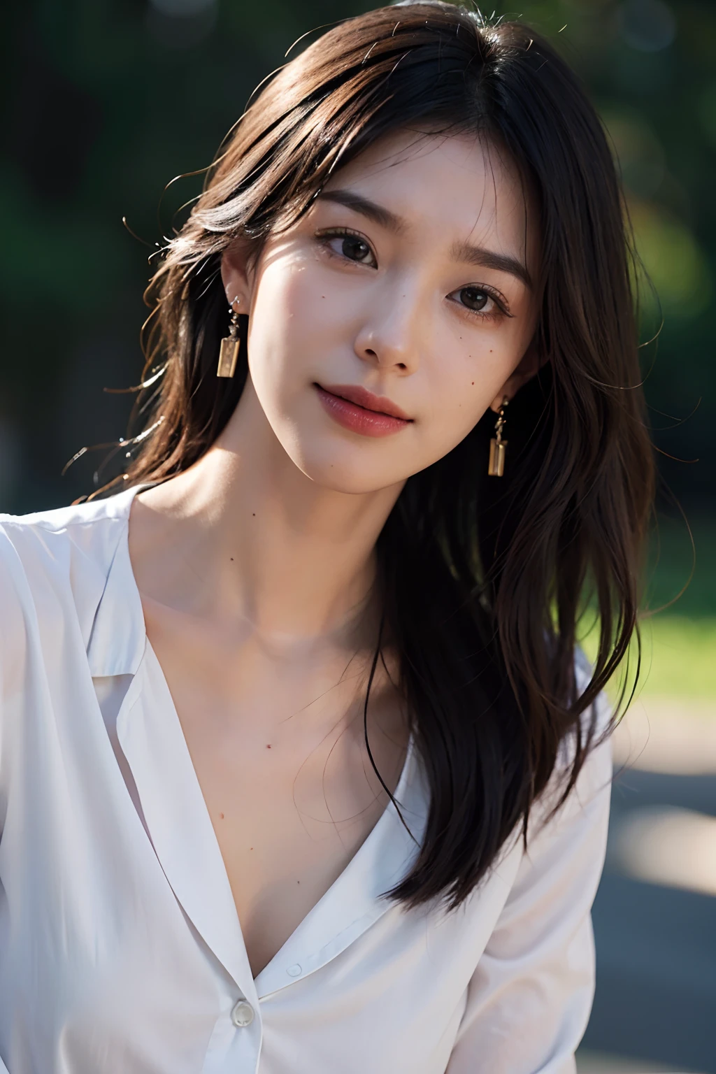 Wearing only one long shirt (Open all buttons: 1.1), small, top quality, masterpiece, illustration, very delicate and beautiful, very detailed, CG, unity, 8K wallpaper, amazing, fine detail, highly detailed CG Unity 8K wallpaper, huge file size, very detailed, high resolution, handsome detail woman, very detailed eyes and face, wonderful detailed eyes, face light, ( Best Illustration: 1.1), (Best Shadow: 1.1), Ultra High Resolution, (Photoreal: 1.1), (Photoreal: 1.2:1.1), Realistic Face Proportions, Slender, Smile, (Makeup: 0.4), (Fluffy Black Eyes: 1.21), Black Eyes, Look at the Beholder, Dark Brown Hair, Earrings, Necklace, Hairpin, Cowboy Shot, ( irregular irregular skin imperfections, veins, wrinkles on the skin: pores: 1.2), (dark night background: 1.2), (bokeh: 1.4),