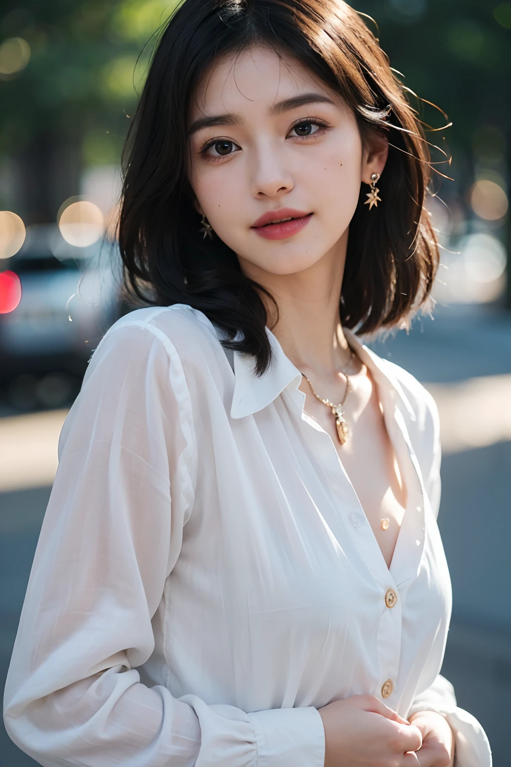 Wearing only one long shirt (Open all buttons: 1.1), small, top quality, masterpiece, illustration, very delicate and beautiful, very detailed, CG, unity, 8K wallpaper, amazing, fine detail, highly detailed CG Unity 8K wallpaper, huge file size, very detailed, high resolution, handsome detail woman, very detailed eyes and face, wonderful detailed eyes, face light, ( Best Illustration: 1.1), (Best Shadow: 1.1), Ultra High Resolution, (Photoreal: 1.1), (Photoreal: 1.2:1.1), Realistic Face Proportions, Slender, Smile, (Makeup: 0.4), (Fluffy Black Eyes: 1.21), Black Eyes, Look at the Beholder, Dark Brown Hair, Earrings, Necklace, Hairpin, Cowboy Shot, ( irregular irregular skin imperfections, veins, wrinkles on the skin: pores: 1.2), (dark night background: 1.2), (bokeh: 1.4),