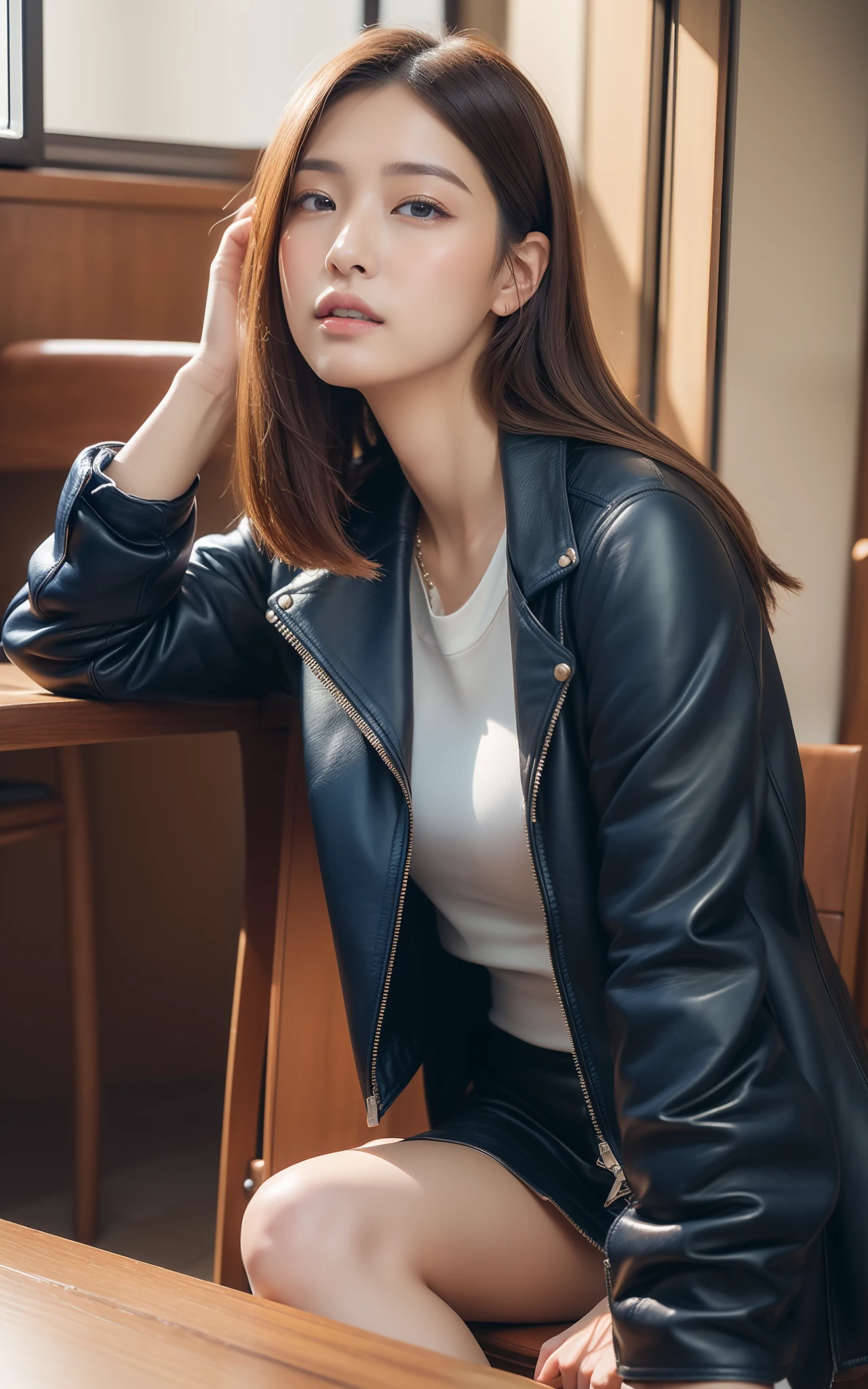 ((top-quality、in 8K、masterpiece:1.3、超A high resolution))、(Clear focus:1.4)、BREAK、A Japanese Lady、boyish、1 persons、full body Esbian、(Detailed chair、Sitting on a chair:1.2、Stainless steel table、Spaghetti on the table)、light skinned、((dark brown hair))、Middle hair、(Leather jacket:1.2、Navy jacket、Detailed fabrics、Boots with thick soles:1.3)、Super fine face、A detailed eye、Narrow-eyed、二重まぶた、Reddish cheeks、Detailed skin、Sweating、Lustrous skin、Shine skin、Shaded skin、Wearing makeup、ruddy lips、Large breasts、looking in camera、BREAK、(细致背景、细致背景、Fashionable Italian shop:1.5)、natta、Natural lighting、autumnal