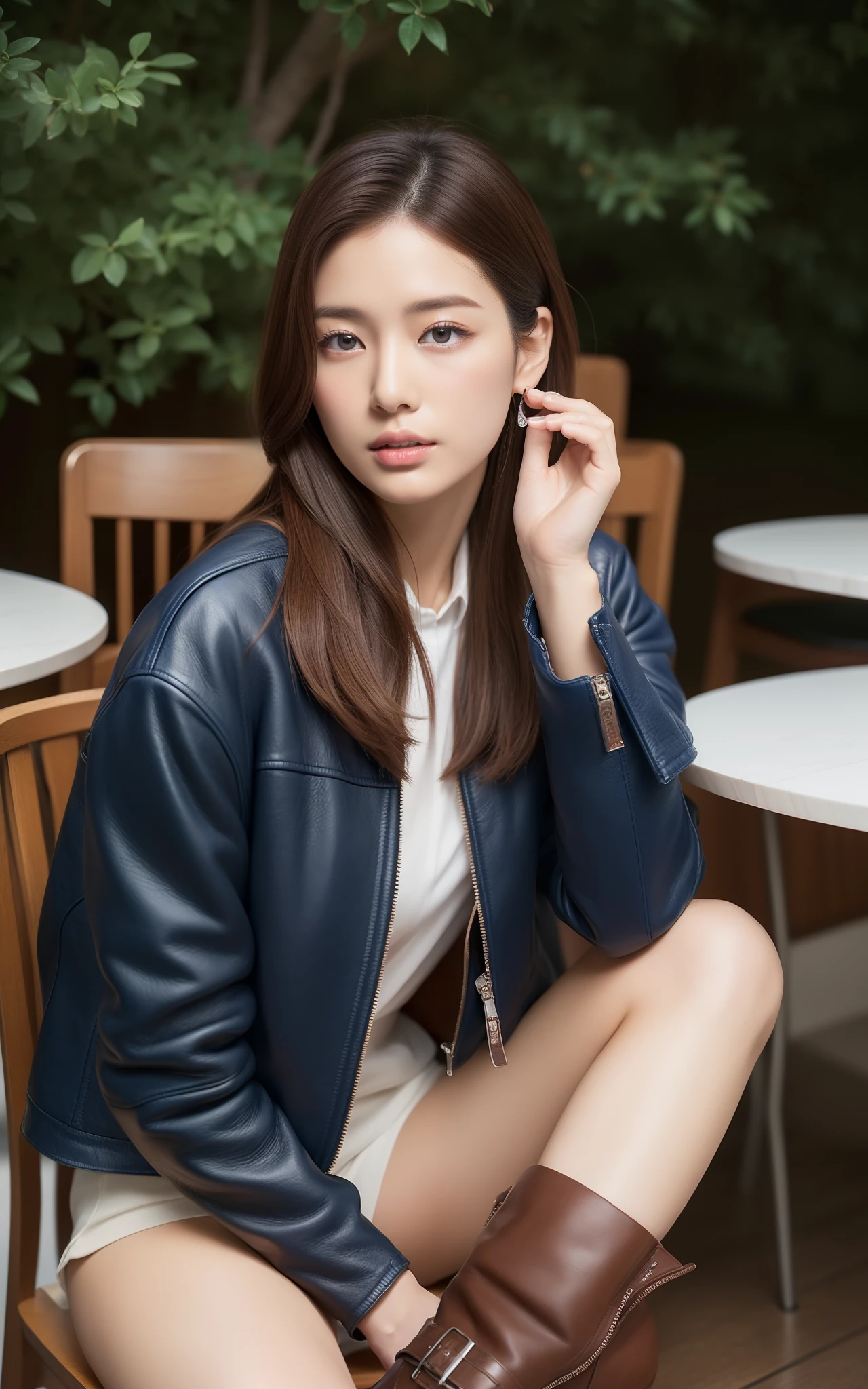 ((top-quality、in 8K、masterpiece:1.3、超A high resolution))、(Clear focus:1.4)、BREAK、A Japanese Lady、boyish、1 persons、full body Esbian、(Detailed chair、Sitting on a chair:1.2、Stainless steel table、Spaghetti on the table)、light skinned、((dark brown hair))、Middle hair、(Leather jacket:1.2、Navy jacket、Detailed fabrics、Boots with thick soles:1.3)、Super fine face、A detailed eye、Narrow-eyed、二重まぶた、Reddish cheeks、Detailed skin、Sweating、Lustrous skin、Shine skin、Shaded skin、Wearing makeup、ruddy lips、Large breasts、looking in camera、BREAK、(细致背景、细致背景、Fashionable Italian shop:1.5)、natta、Natural lighting、autumnal