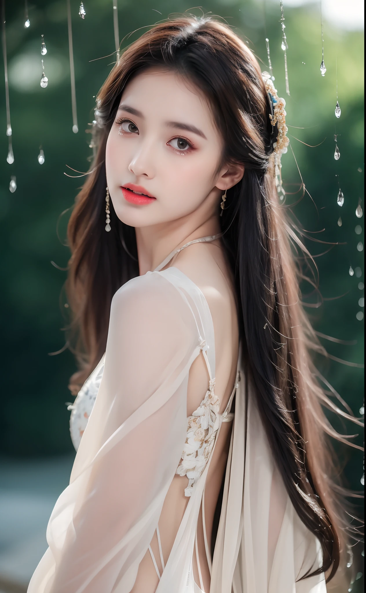 ((Best Quality, 8k, Masterpiece: 1.3)), Focus: 1.2, Perfect Body Beauty: 1.4, Buttocks: 1.2, ((Layered Haircut)), (Wet Clothes: 1.1), (Rain, Street:1.3), (Breasts: 1.2), (Hanfu: 1.2), Bare Shoulders, Bare Legs, Highly Detailed Face and Skin Texture, Fine Eyes, Double Eyelids, Whitened Skin, Long Hair, (Shut Up: 1.5), (Bokeh Background: 1.5), Big Breasts