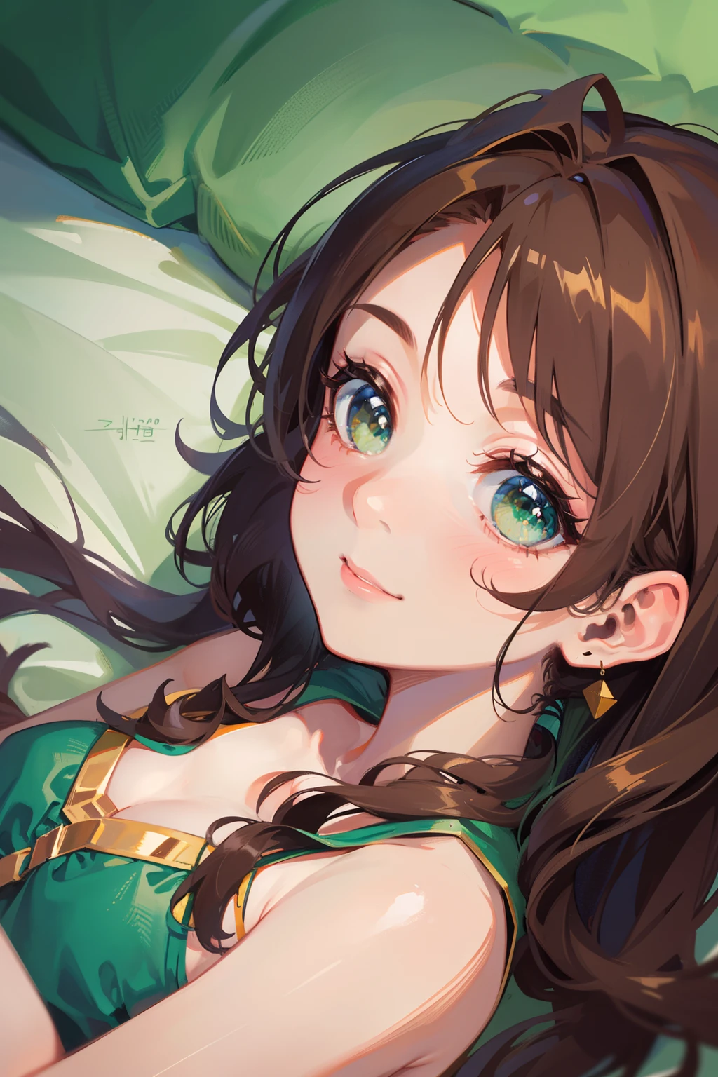 (masterpiece), (best quality), ultra high res, sharp focus, ((1 woman, solo)), warm pastel tone), upper body, medium long shot, MLS, beautiful detailed hair, chesnut brown hair, long hair tumbles down, ((beautiful shape eyes, green eyes)), beautiful detailed face, perfect feminine face, smiles, facing up, look at the viewer, (:1.2), in the comfortable bedroom, lying on back in the bed, (from above)