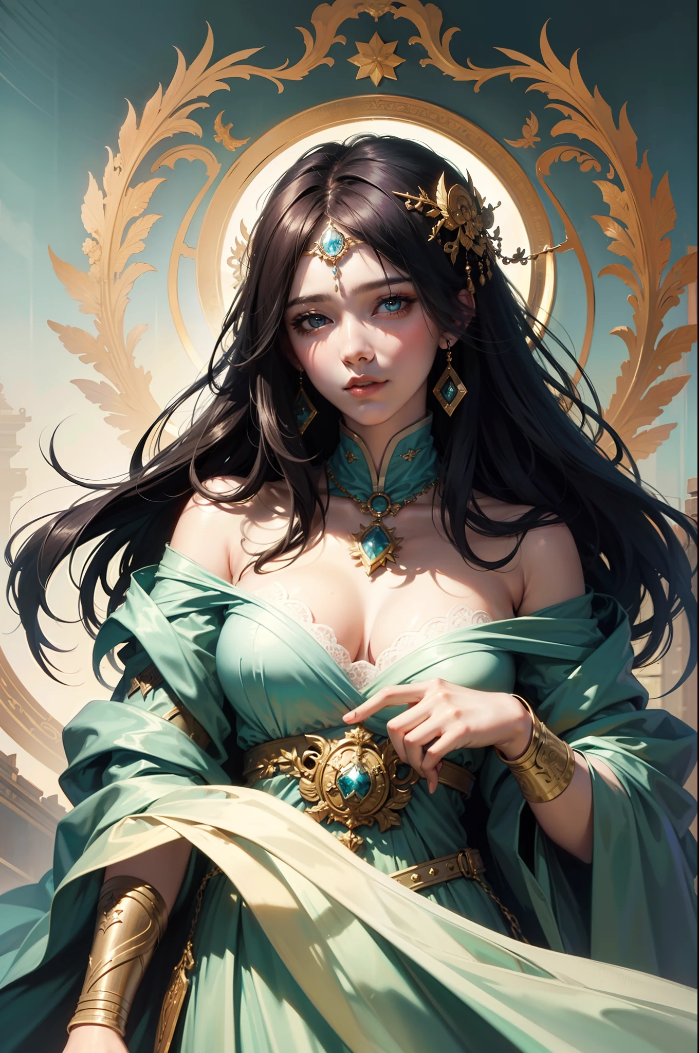 High quality, masterpiece, masterpiece, exquisite facial features, exquisite hair, exquisite eyes, exquisite color hair, 4K picture quality, gorgeous light and shadow, Tyndall effect, halo, messy hair, young state, gorgeous scene, exquisite clothes, chains, feathers, ancient chinese beauty with big eyes very detailed, digital painting, artstation, concept art, sharp focus, illustration, art by greg rutkowski and alphonse mucha and victo ngai
