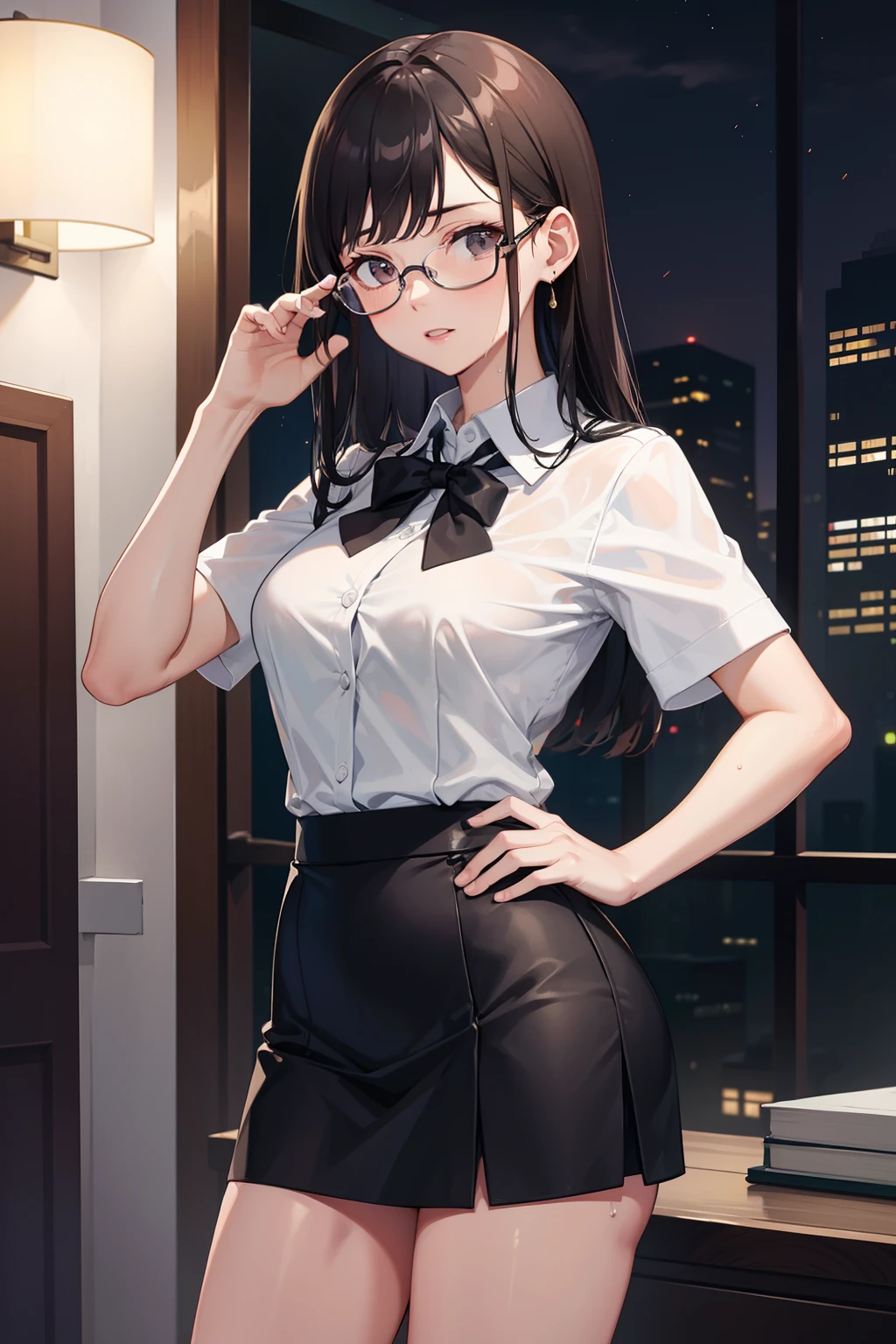 best quality, detailed, secretary, mini skirt, short sleeves, glasses, night, wet body