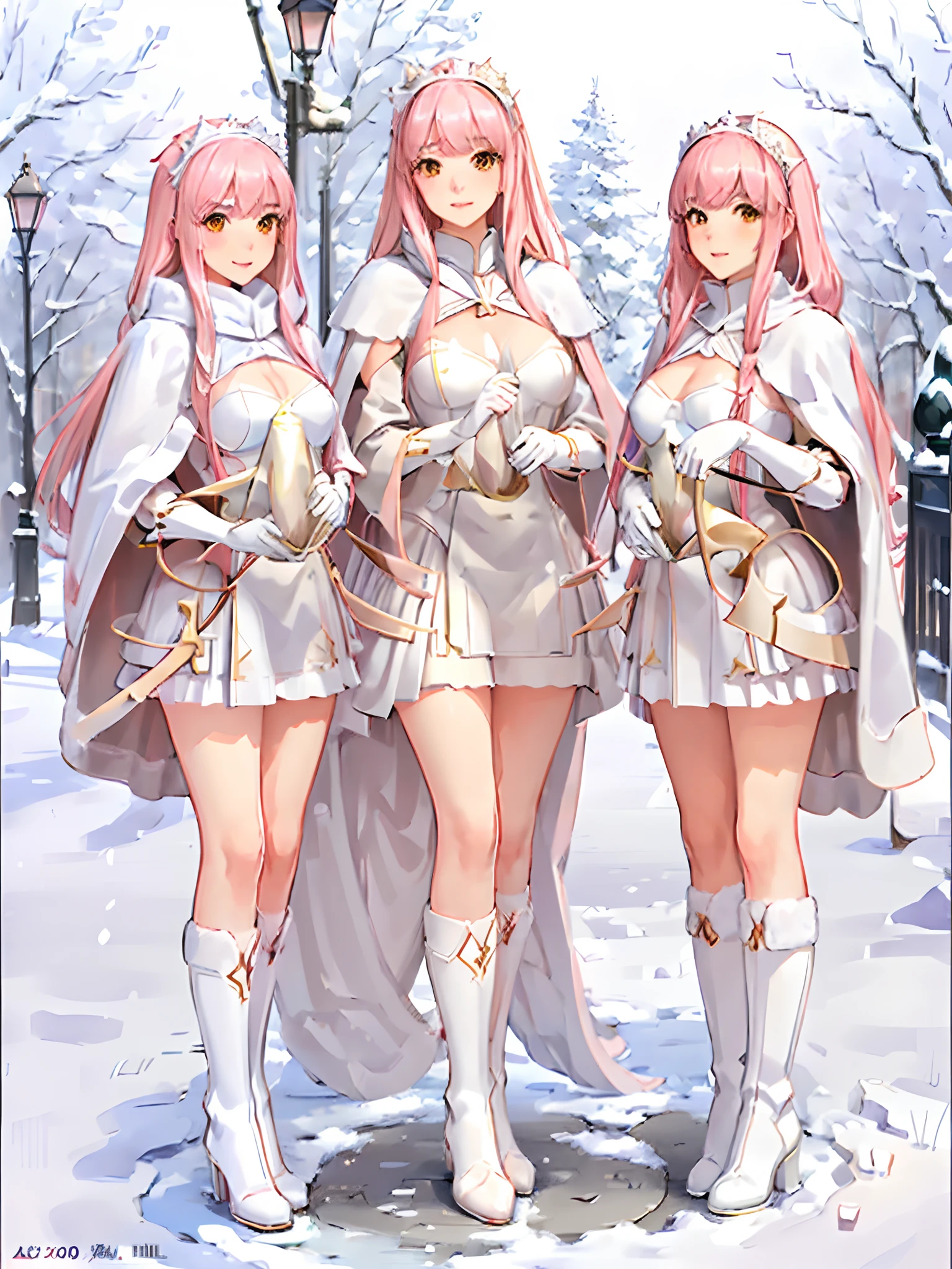 (masterpiece, sidelighting, finely detailed beautiful eyes: 1.2), glowing eyes, shiny hair, lustrous skin, trio, embarrassed, medb \(fate\), outdoors, cloak, white cloak, fur trim, knee boots, snow, street, lamppost, full body, 3girls, ((triplets, clones, matching outfits, matching hairstyles, matching faces))