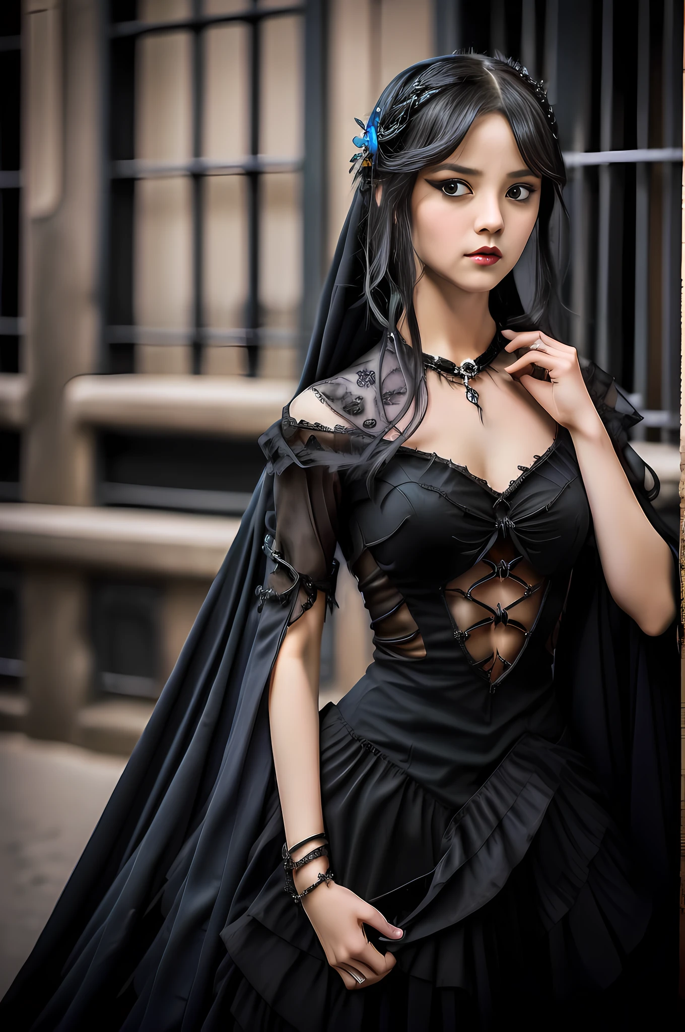 Gothic girl,Serious dark Gothic style costume， with short black hair, wide blue eyes，Tender lips,Mature and steady，Full and elegant，Elegant and dignified，Staring straight ahead，Beautiful face。Coordination of the five senses，Slim，Aggressiveness，Strong，Hand detail， fully body photo，Street at night