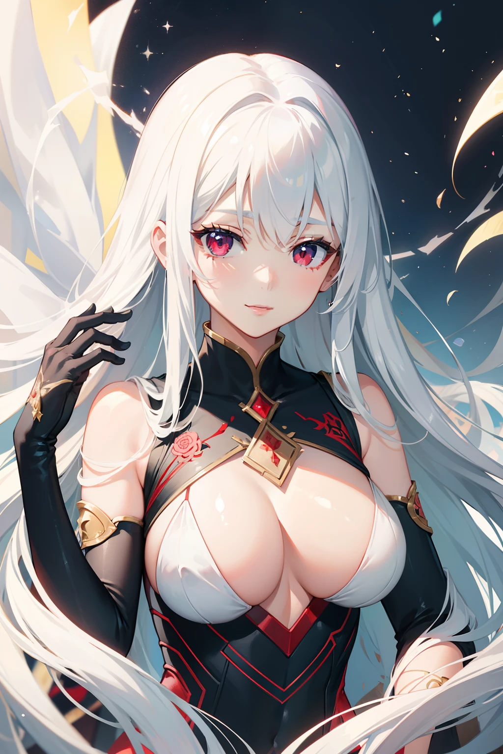 masterpiece、top-quality、1girl in。(suits:1.2), white hair,Red Eyes,(mare:0.8), (Fantastical:0.7),(middlebreasts:1.4), (A smile:0.8)