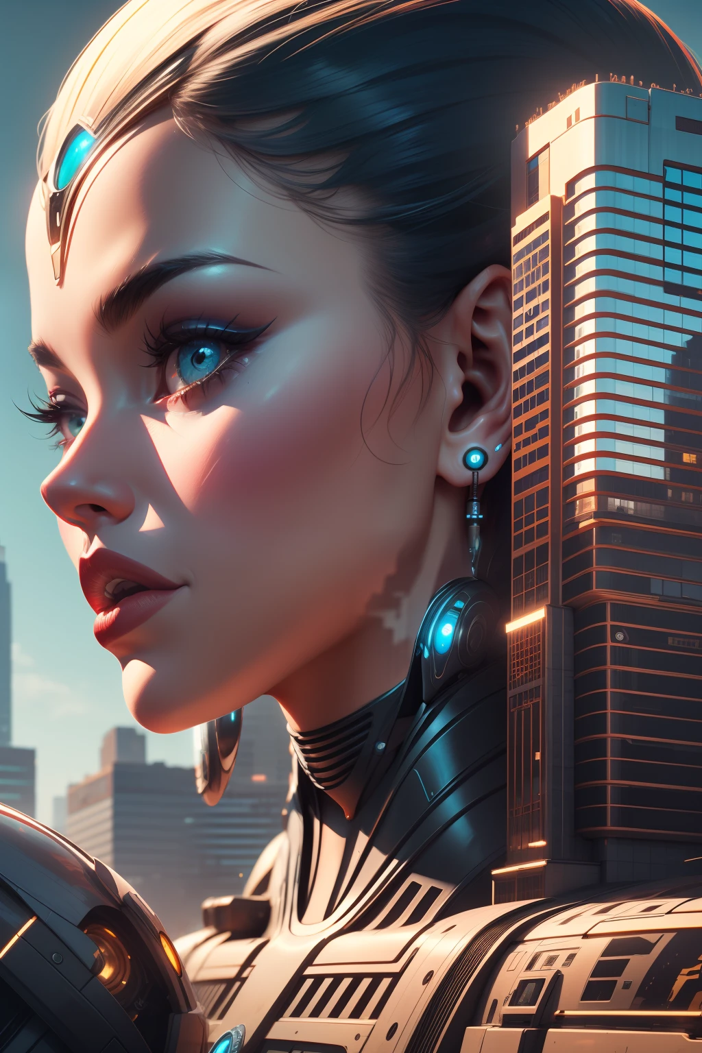 alien god , 1girl a woman with a futuristic face and ear robotic, retro buildings on background, high contrast, highly detailed, 8k hdr