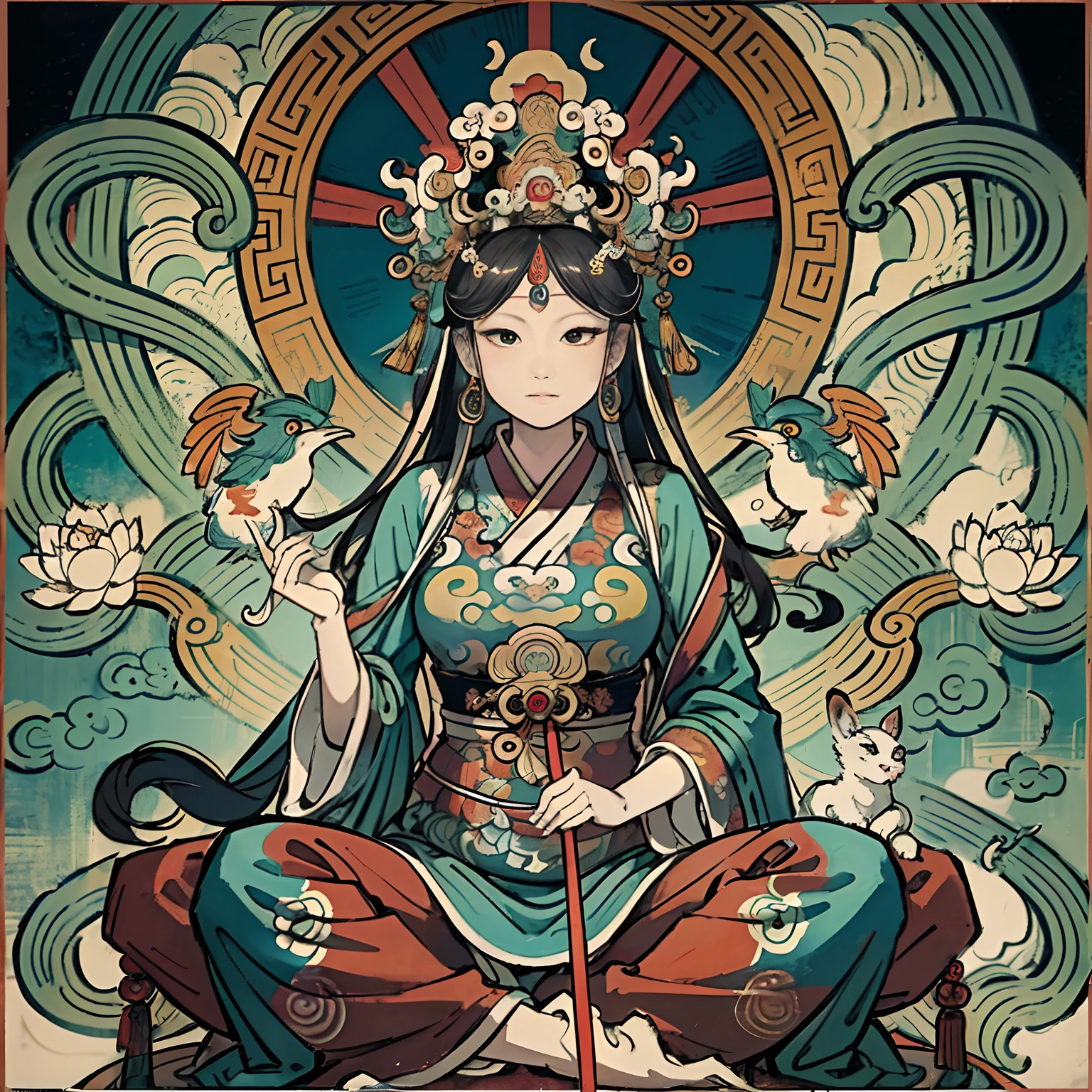 an ancient Chinese goddess, guanyin of the southern seas, Guanyin, Inspired by India, Avalokiteshvara rides a phoenix,,Serene expression,shui mo hua,Buddha,Buddhist,Lotus,Chinese painting style,Thangka style