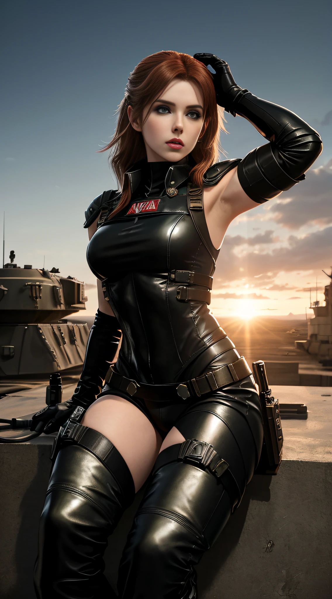 A woman sitting on top of a tank in leather pants, young beautiful amouranth, amouranth, Leather, mais conhecido como Amouranth, leathery, quiet from metal gear solid v, leather clothing and boots, in a soldier uniform, clothed in military armor, quiet from metal gear solid, military girl