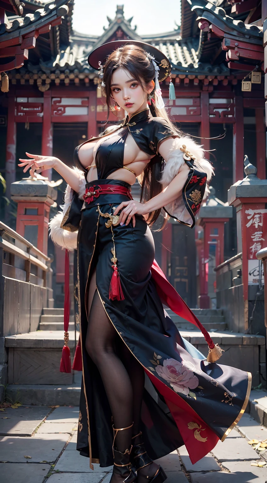 Ancient Chinese architecture,National style beautiful girl,Wear revealing Hanfu,Simple clothing, Minimalist style,Mixed Chinese and American races,The background is blurred out,focal,电影灯光,(((tmasterpiece))), ((best qualtiy)), ((Complex and detailed)), ((ultra-realistic realism)), Ridiculous resolution, A MILF, Mature woman, ssee-through, highly detailed, illustratio, 1girll, (mediuml breasts), Thin waist and thick hips,long leges,beatiful detailed eyes, short detailed hair, brunette color hair, a purple eye, blackstockings,lacy clothing,Skirt that wraps hips,tightsuit,Chest bulge,with faintly visible,Cool clothing,Cocked buttocks,The body proportions are perfect,(No underwear),pantiess, detailed back ground, perfect eyes, Seductive eye, (nice hand),Detail hands,looking at viewert,From the front,Wear light,juicy legs,deep v big breasts,